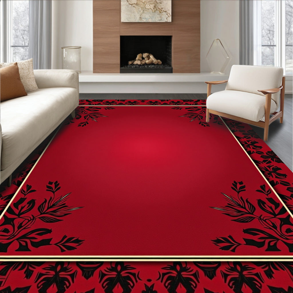 Crimson Black Floral Bordered Background Rug