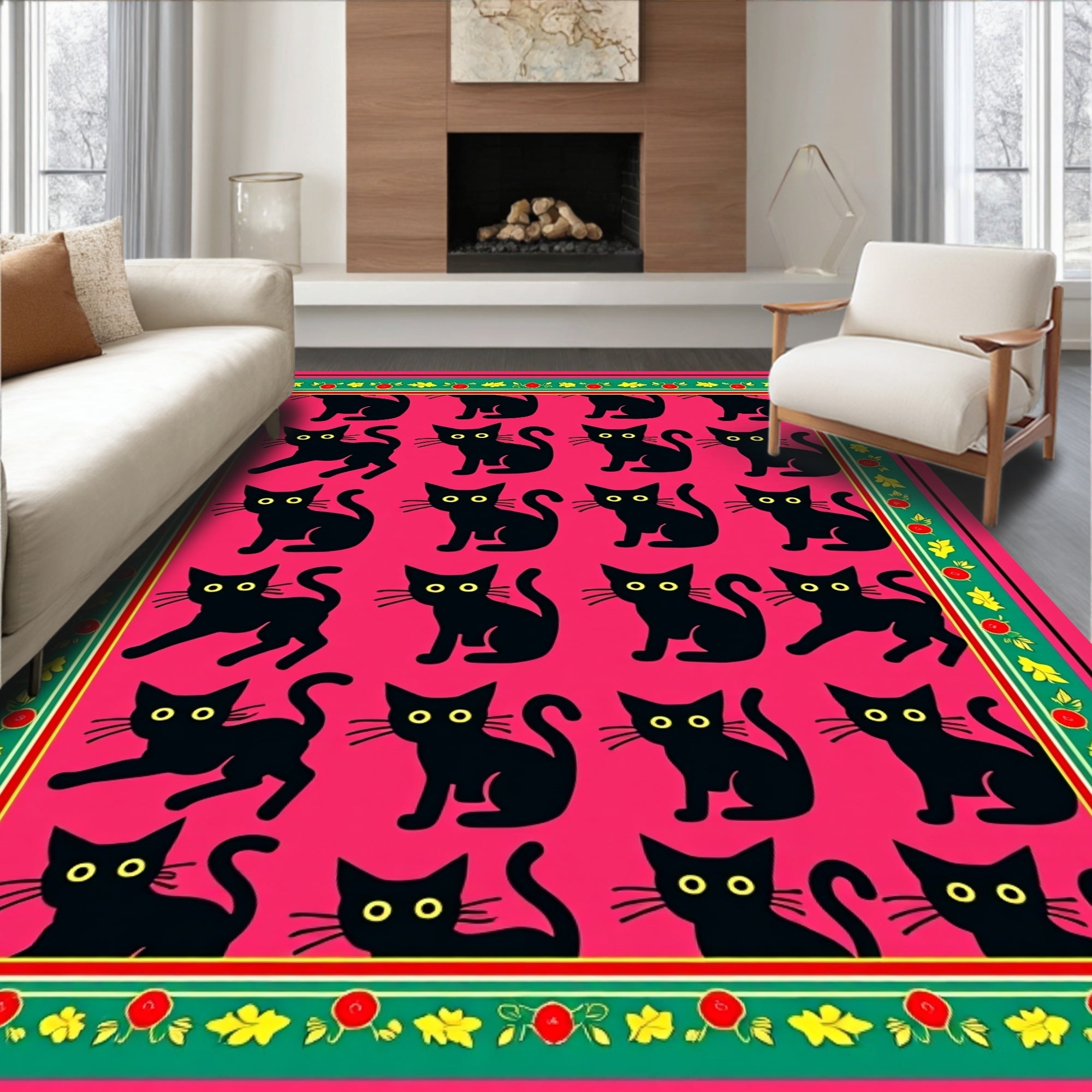 Pink Black Cat Floral Border Rug