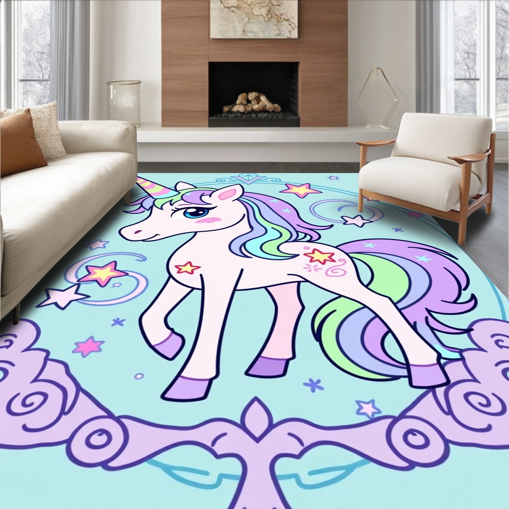 Pastel Rainbow Unicorn Stars Whimsical Rug
