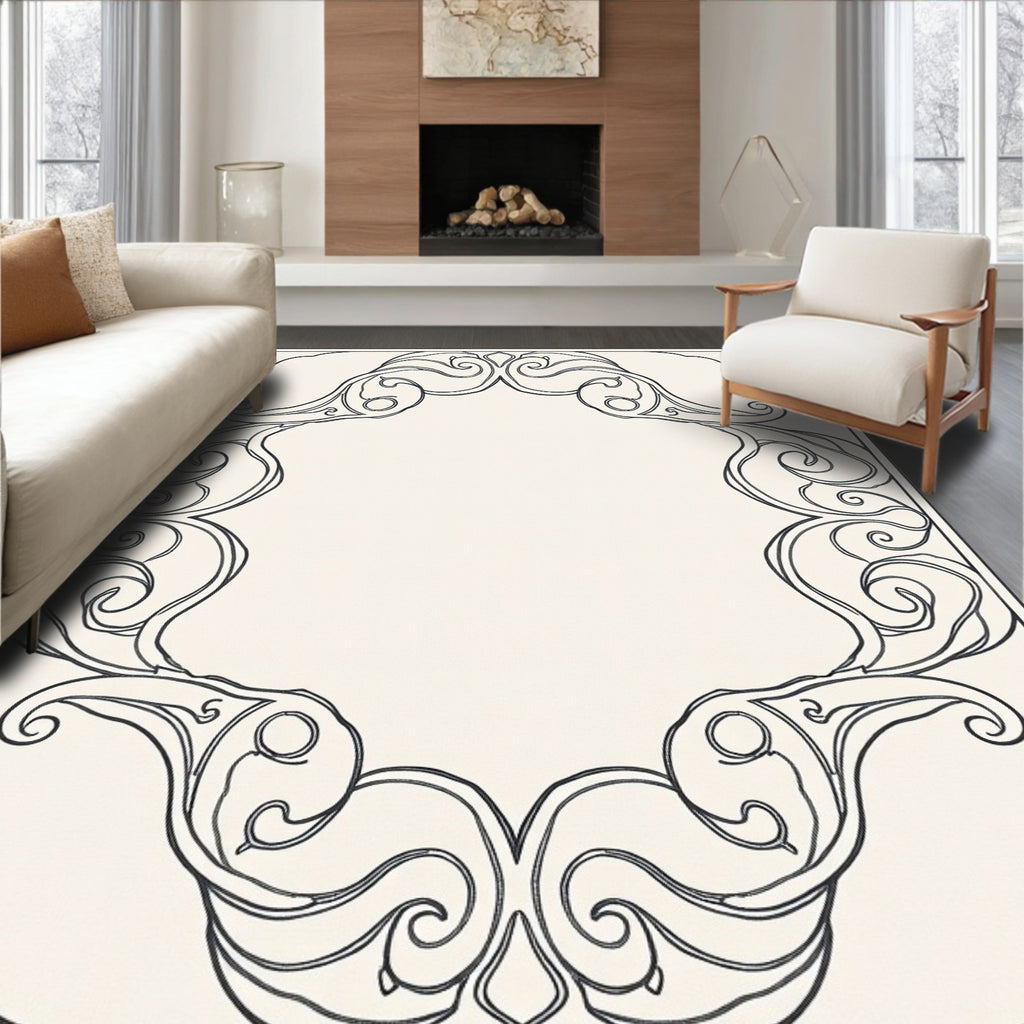 Elegant Black Swirl Scroll Border Rug