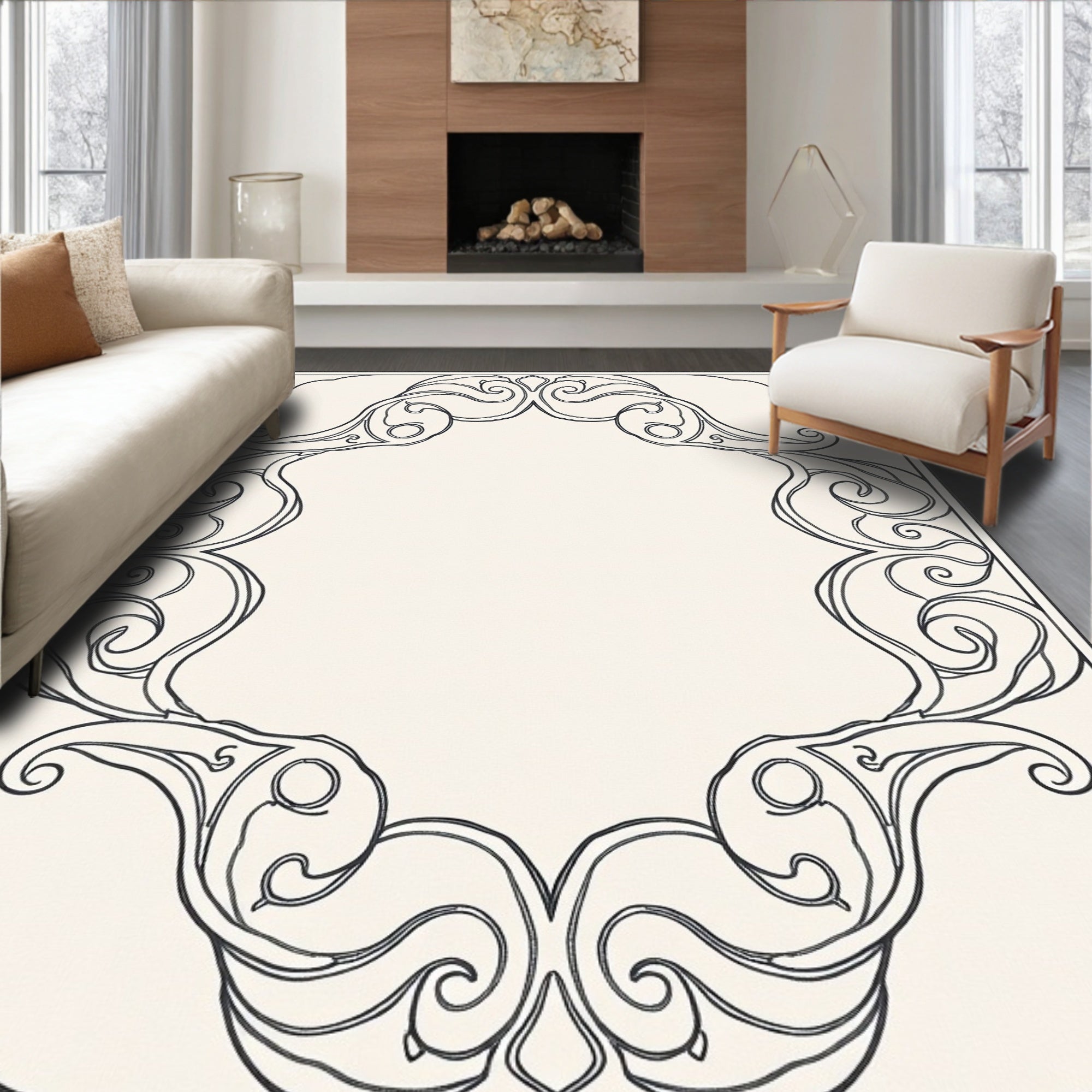 Elegant Black Swirl Scroll Border Rug