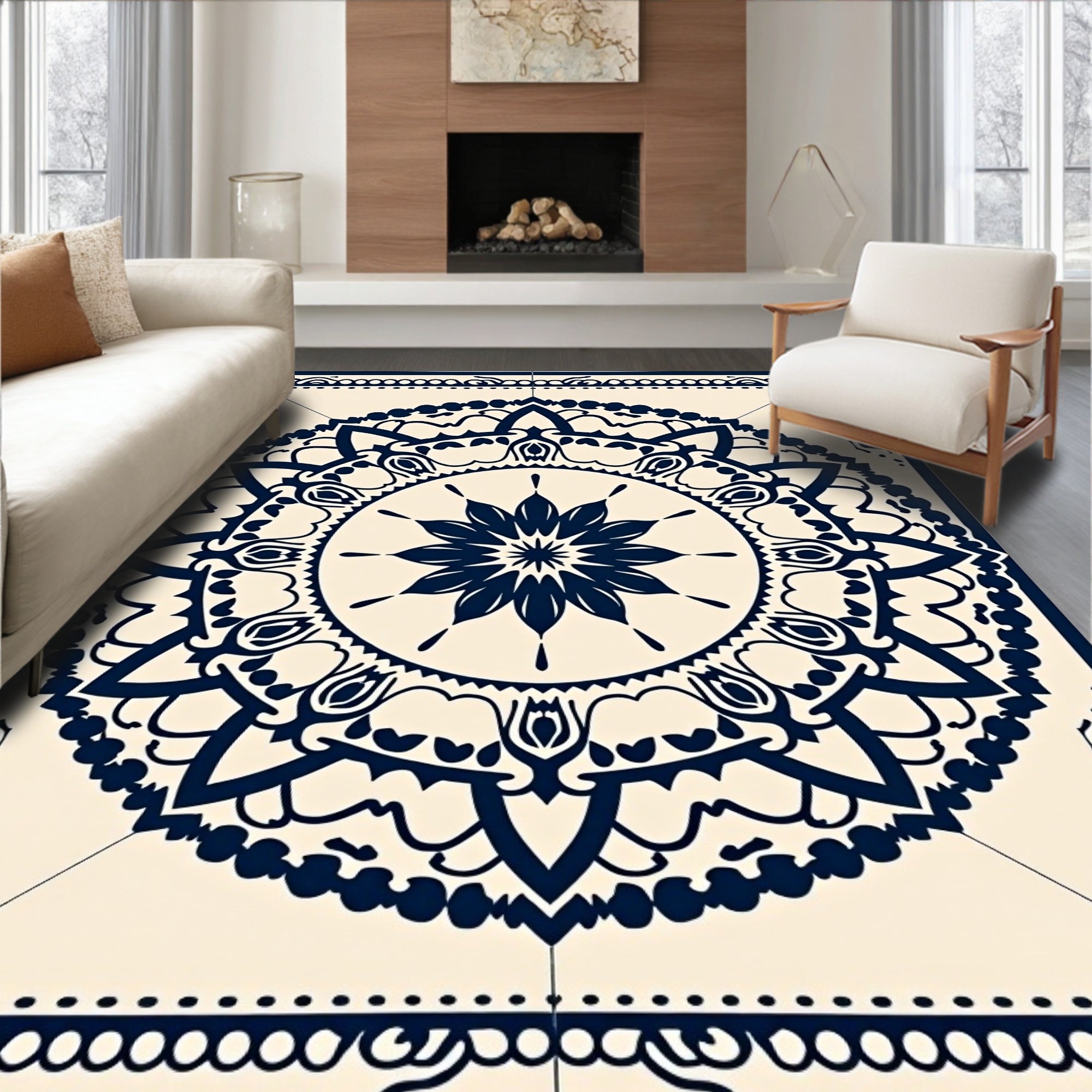 Deep Blue Floral Medallion Tiled Rug