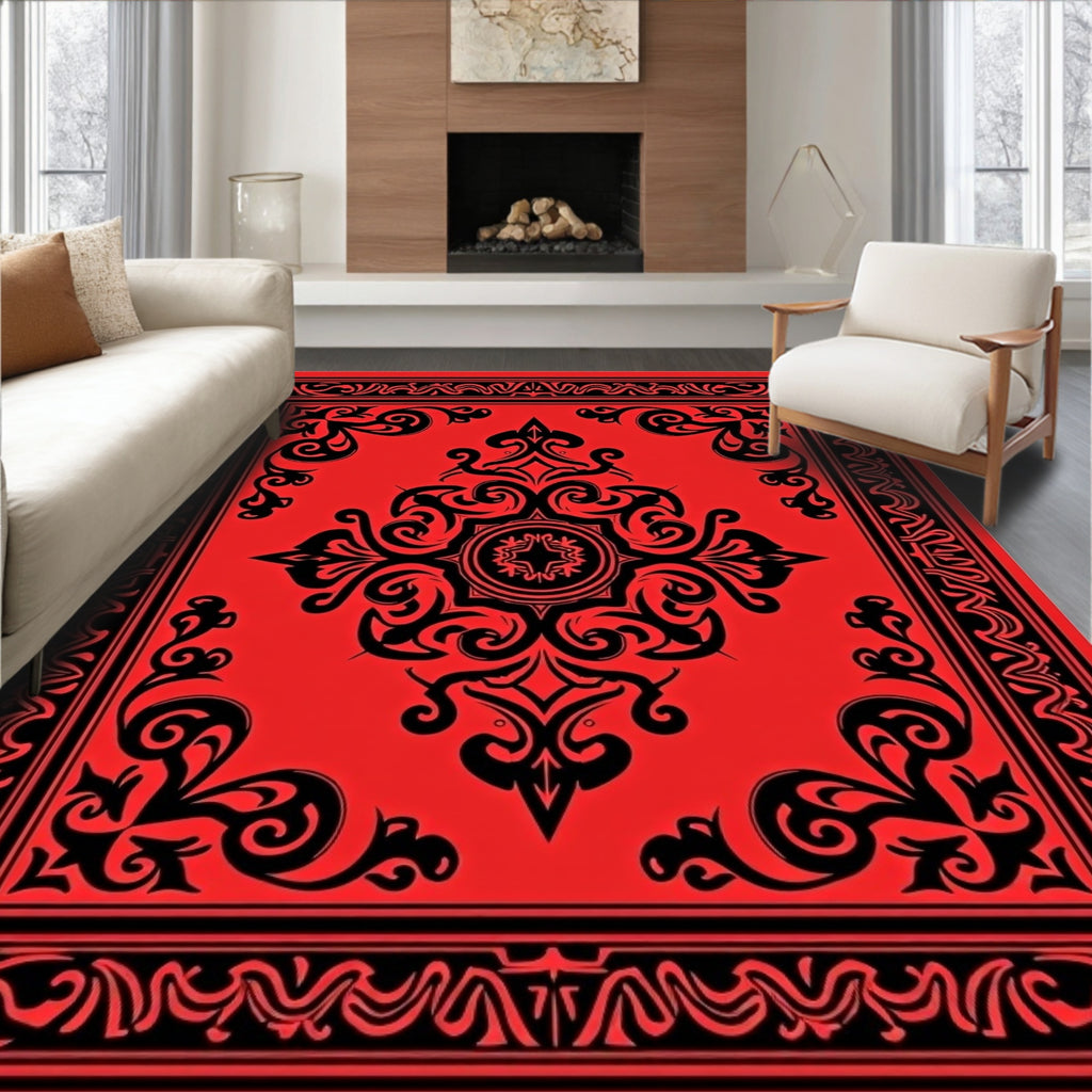 Bold Red Black Traditional Medallion Layout Rug