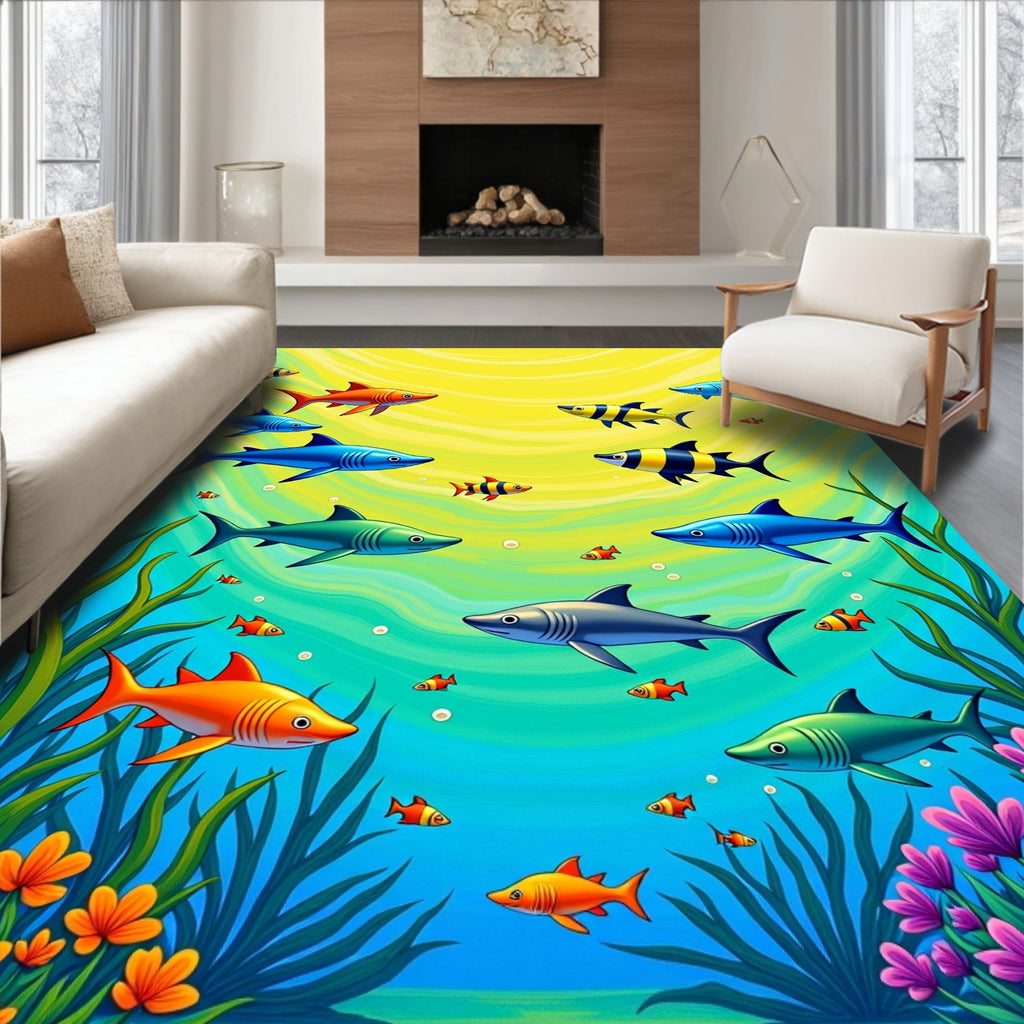Oceanic Shark School Yellow Blue Rug