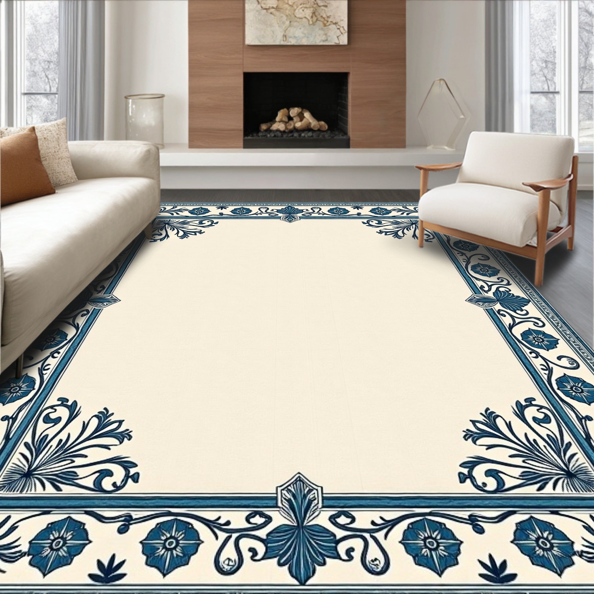 Vintage Navy Floral Scroll Border Rug