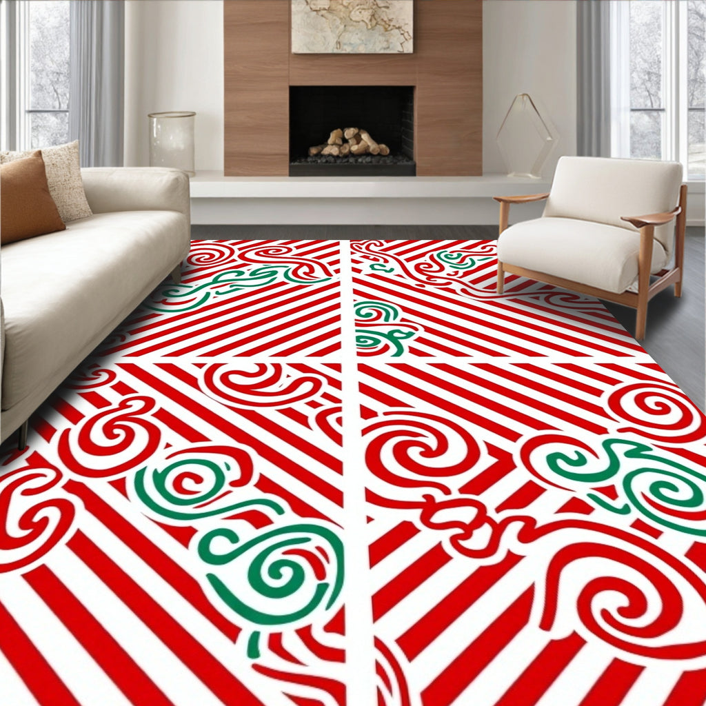 Festive Red Green Swirl Stripes Rug