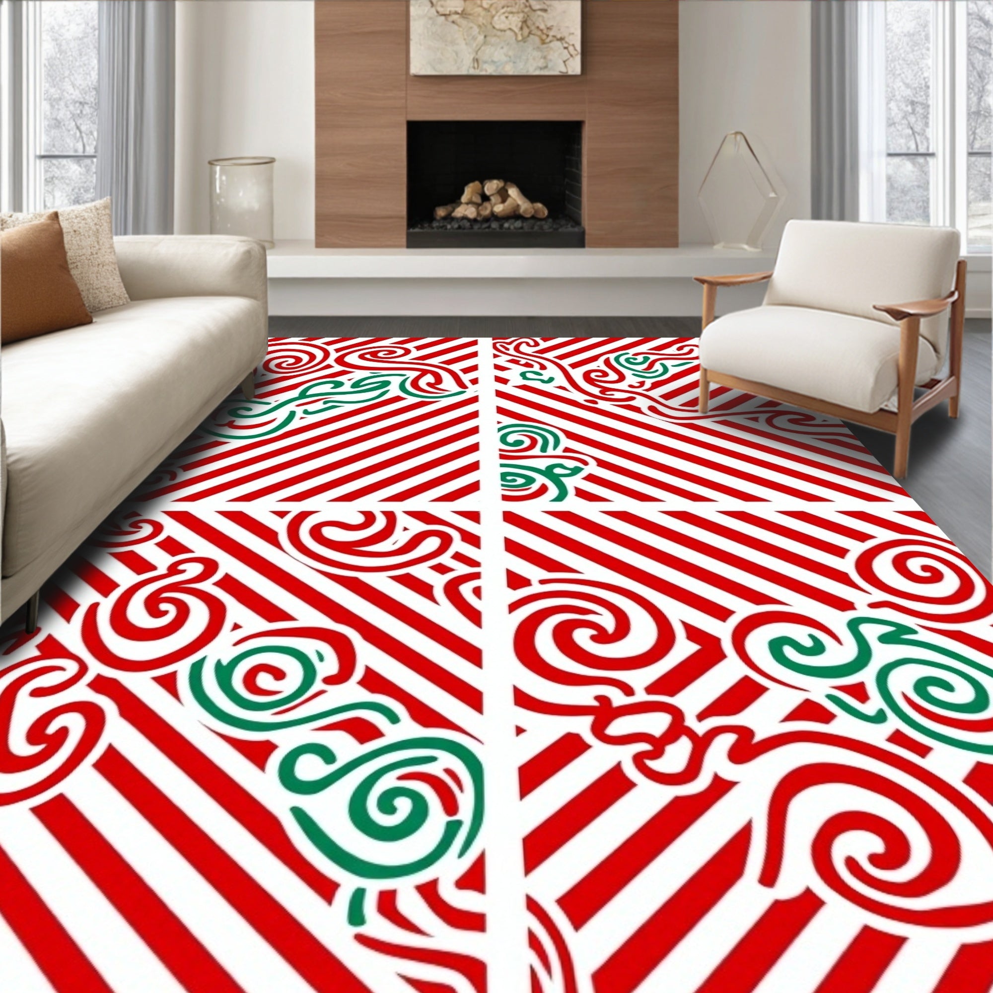 Festive Red Green Swirl Stripes Rug