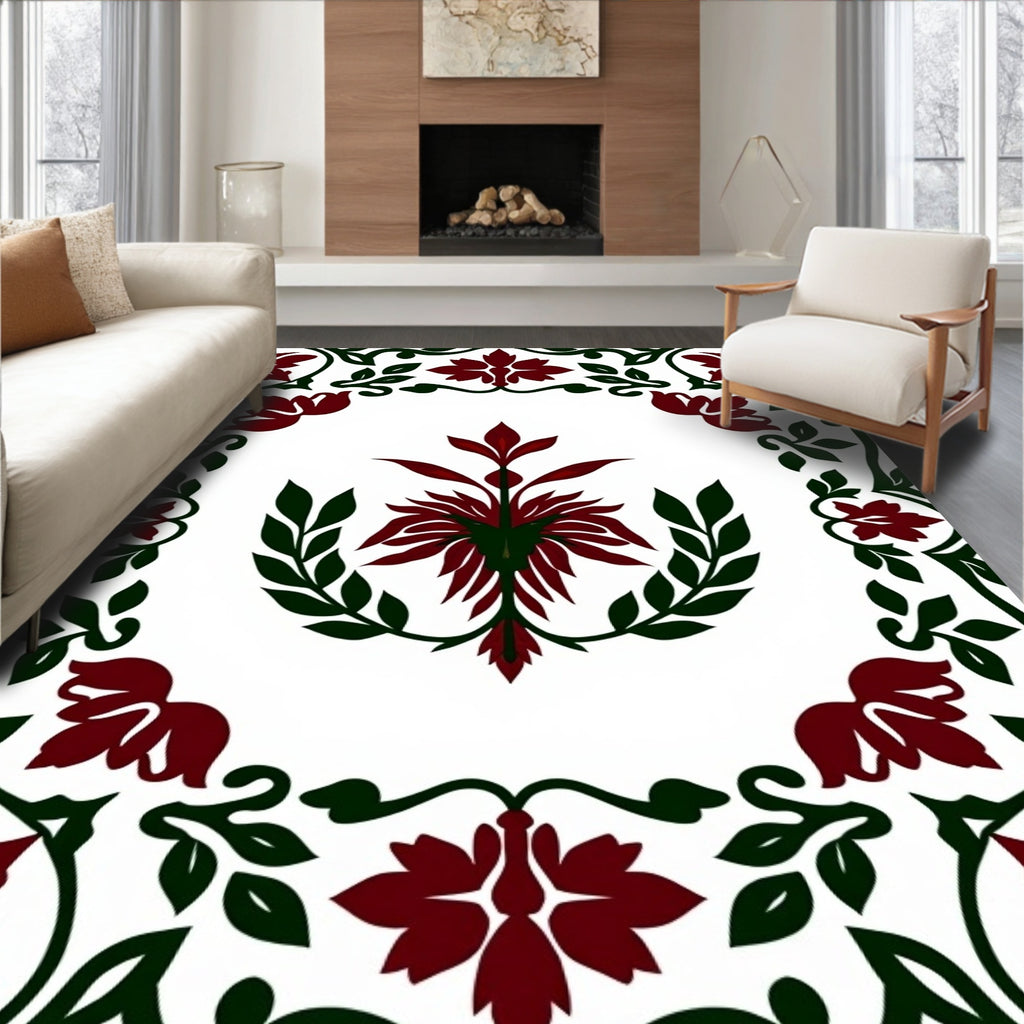 Deep Red Floral Scroll Border Rug