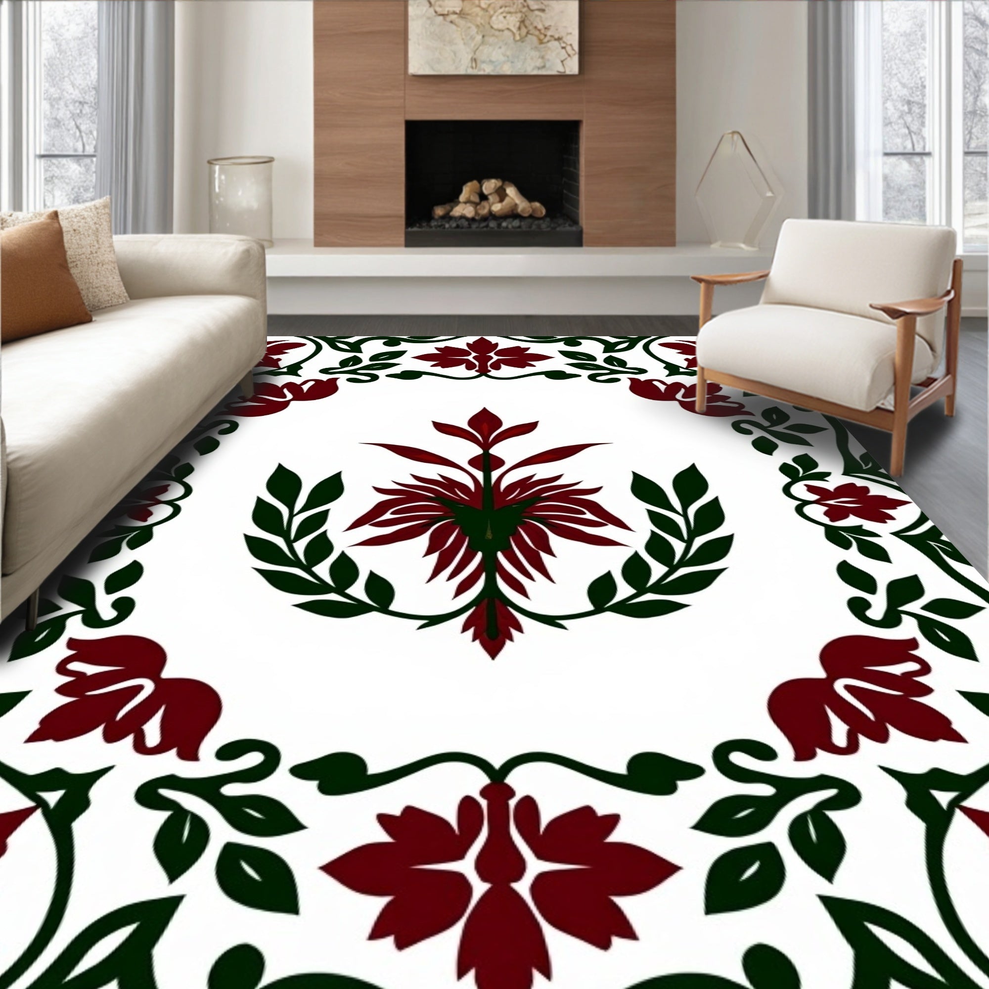 Deep Red Floral Scroll Border Rug