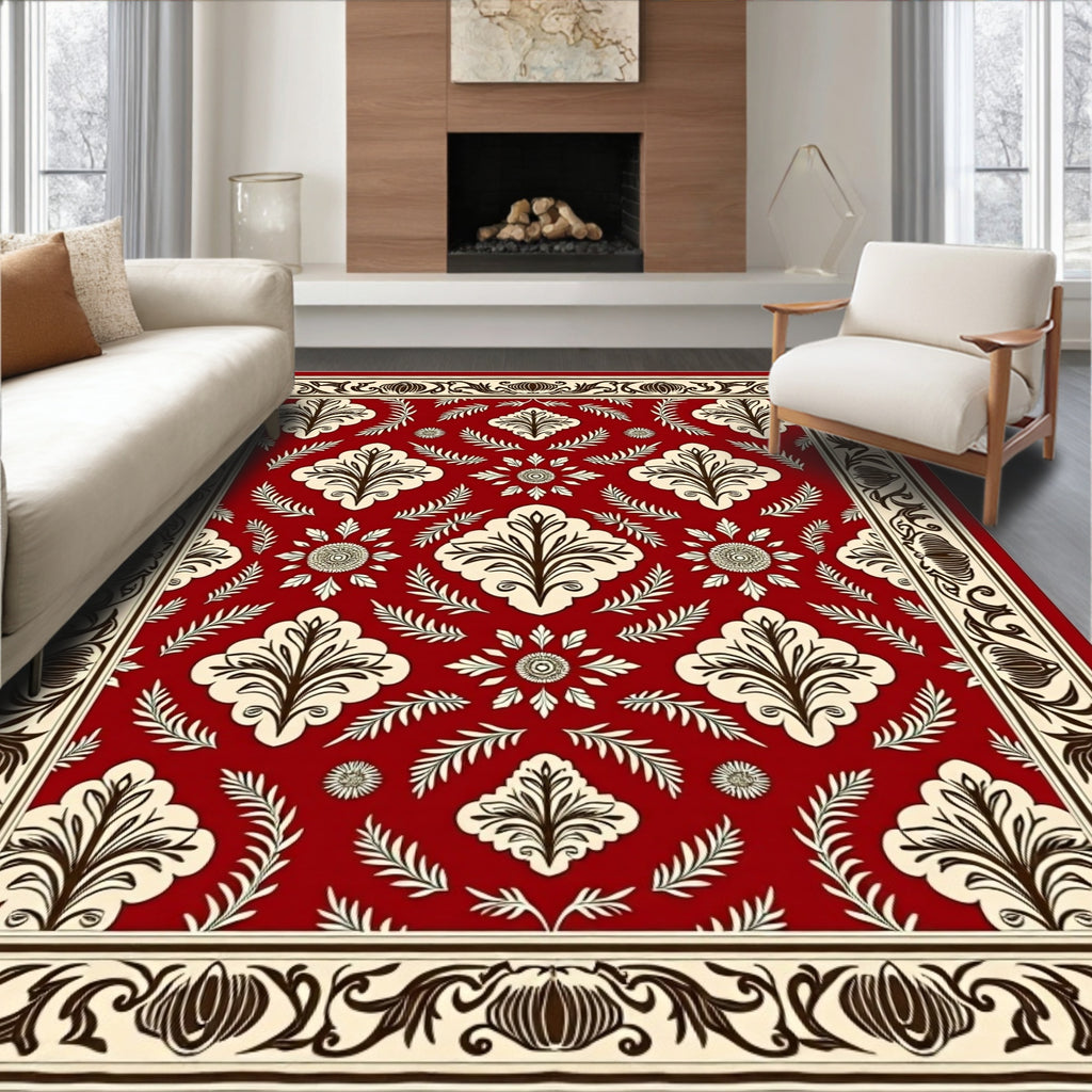 Crimson Damask Floral Border Rug