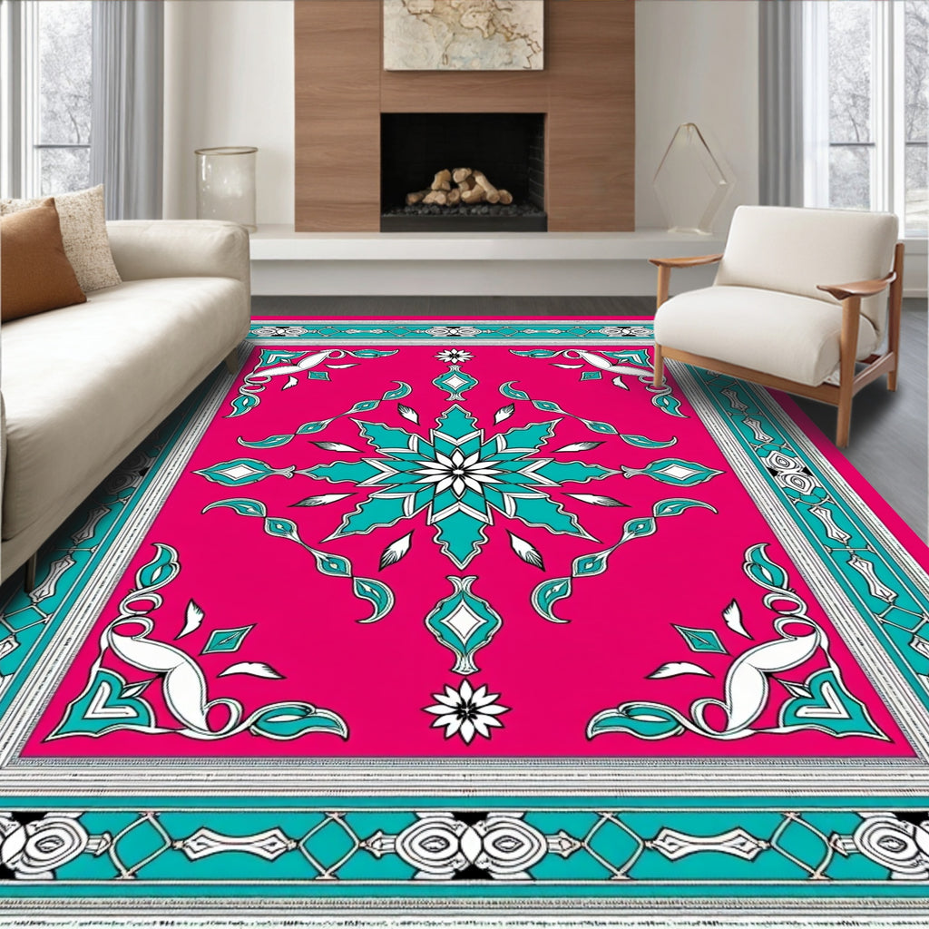 Vibrant Pink Turquoise Floral Border Rug