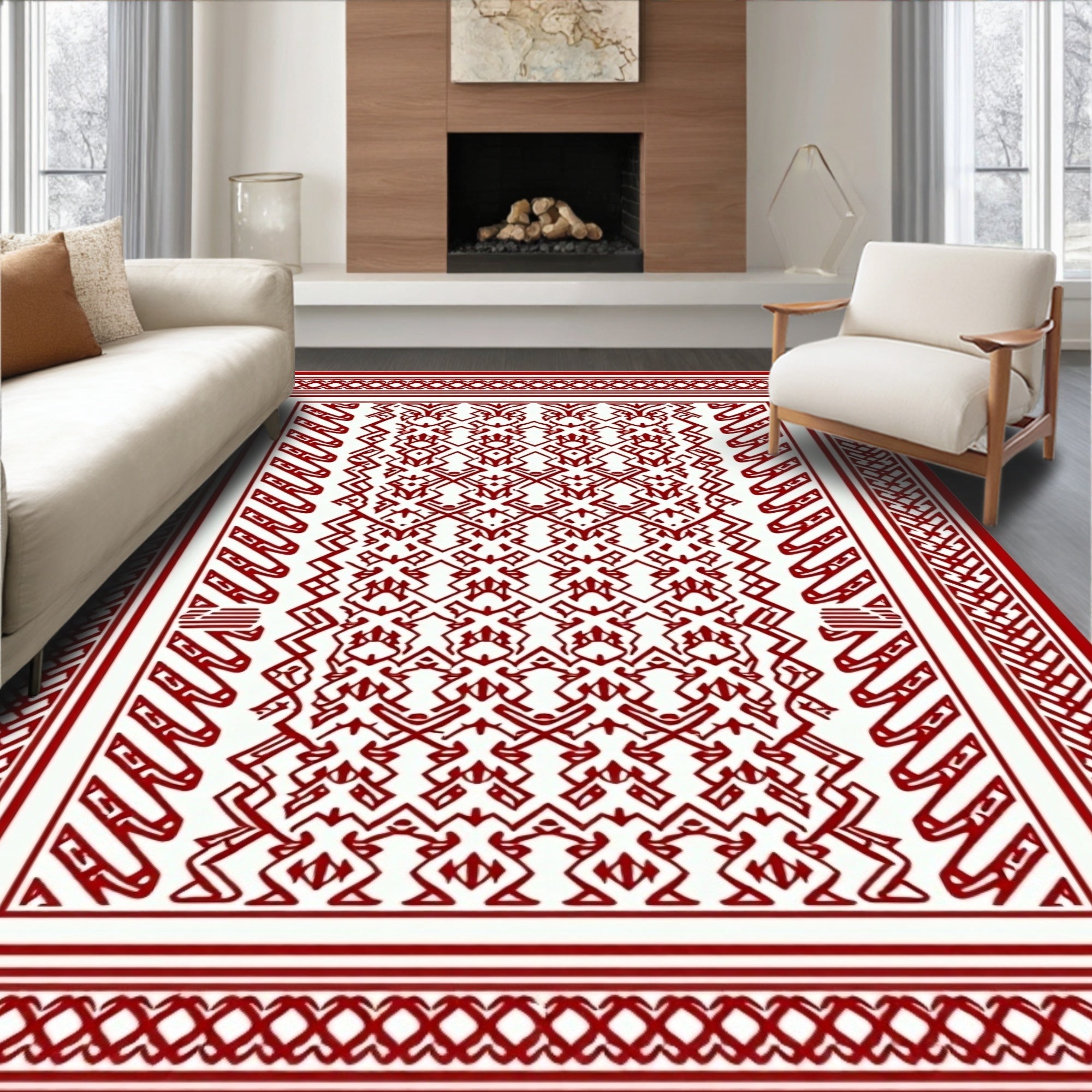Crimson Geometric Abstraction Wide Border Rug