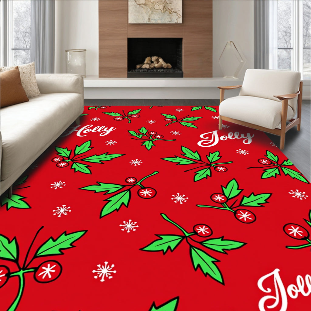 Festive Red Holly Berry Snowflakes Rug