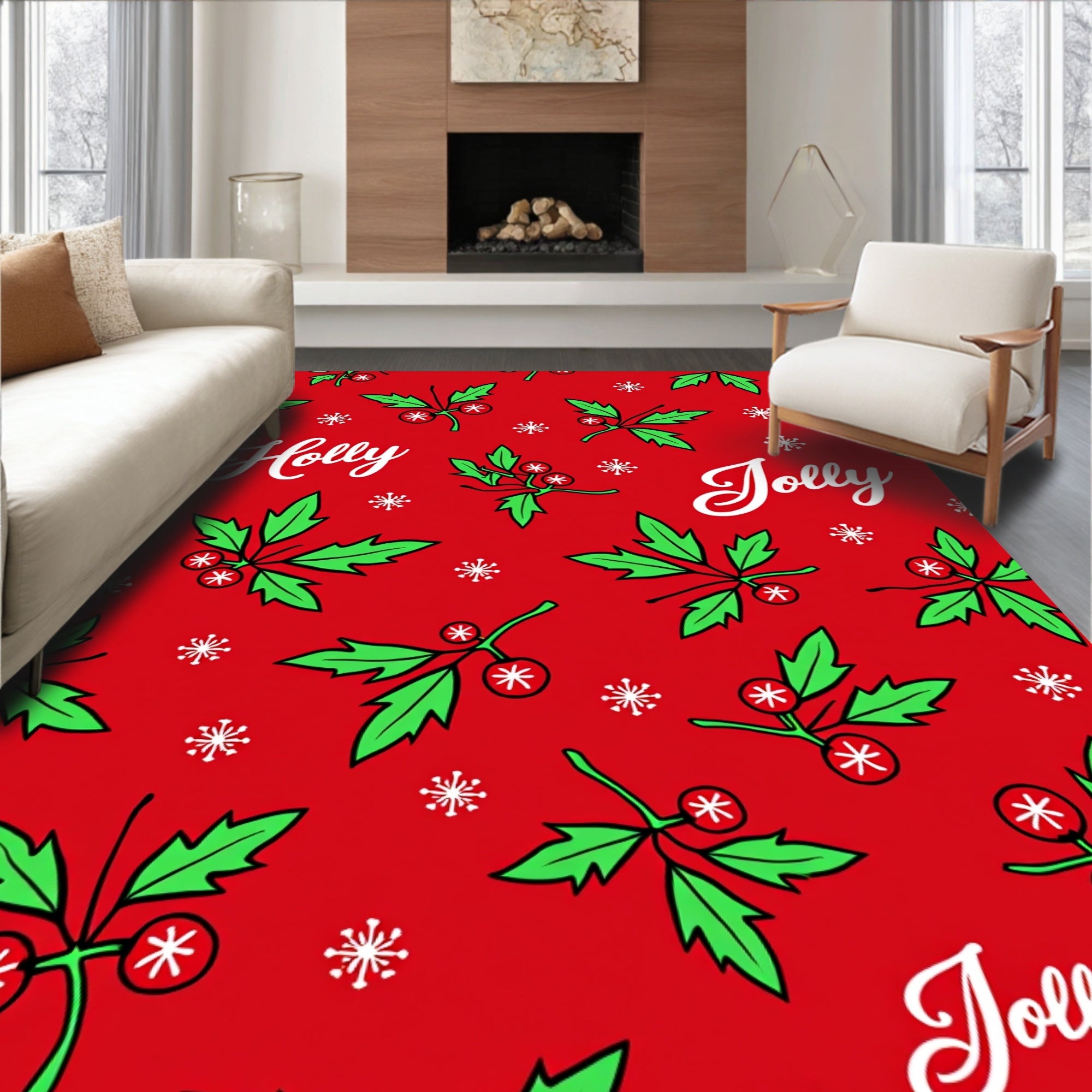 Festive Red Holly Berry Snowflakes Rug