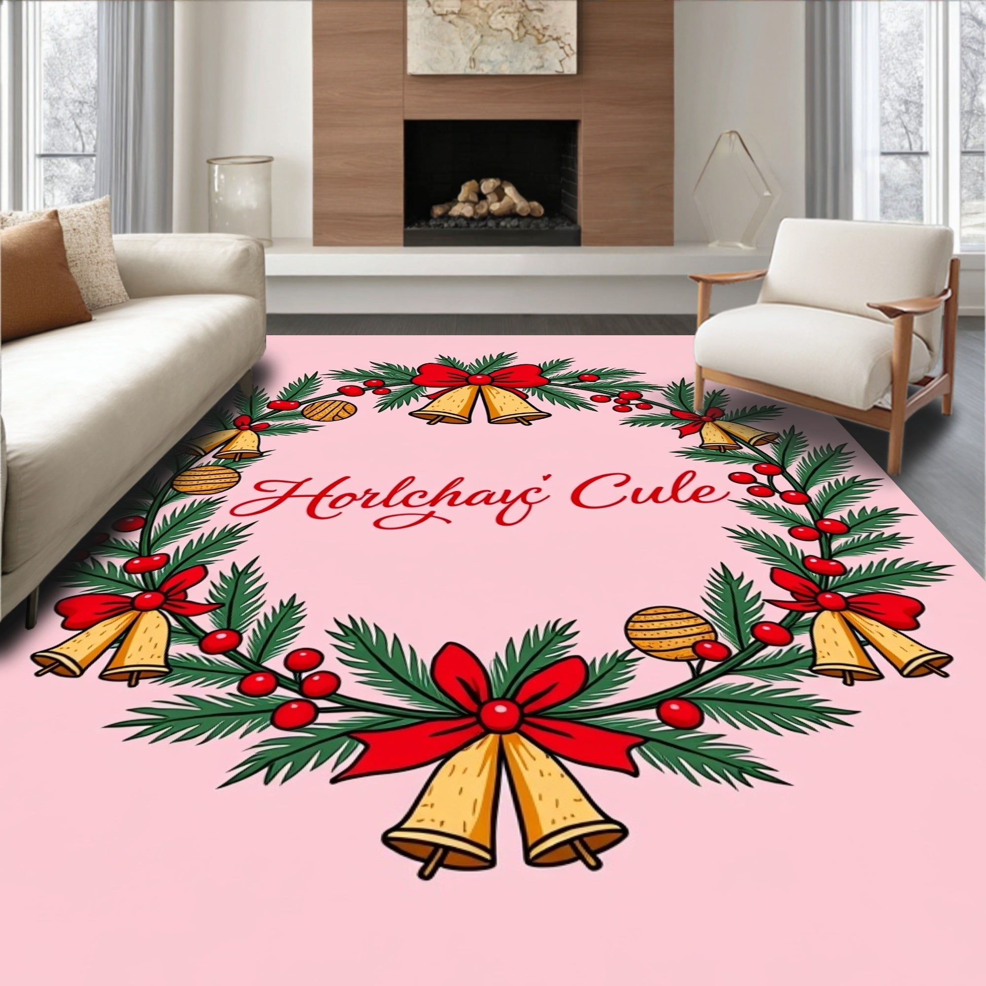 Christmas Wreath Bells Berries Garland Rug