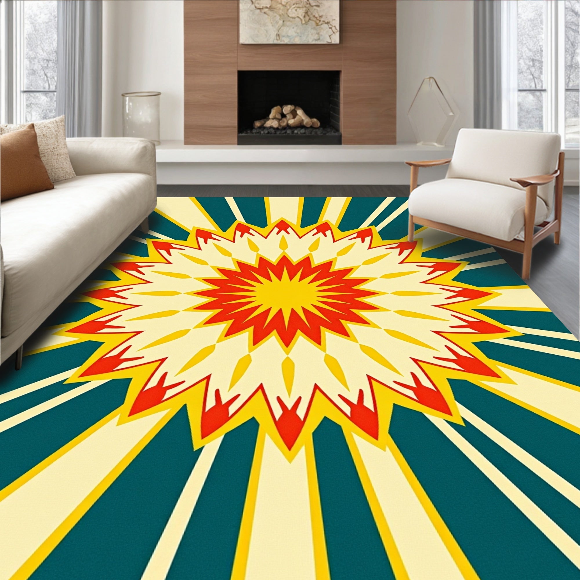Starburst Red Yellow Teal Sunburst Rug