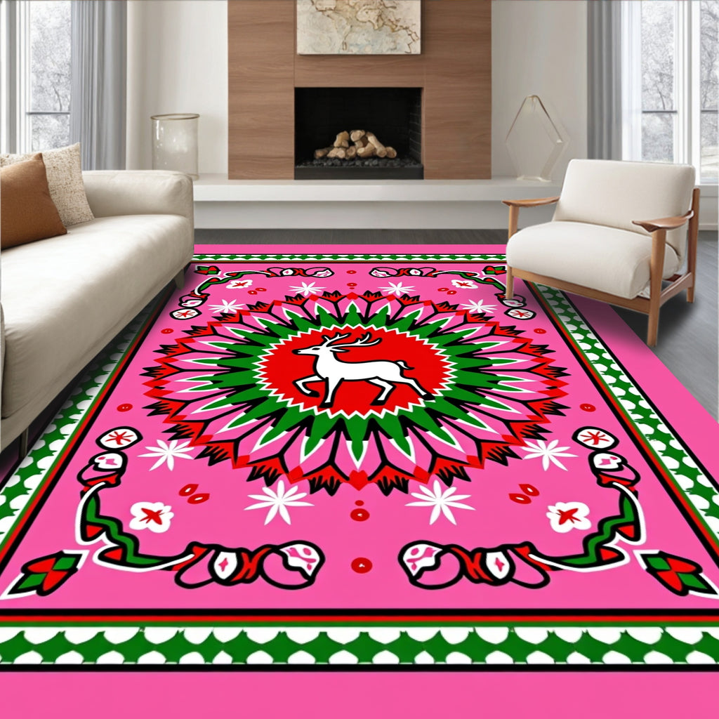 Whimsical Deer Medallion Pink Floral Rug