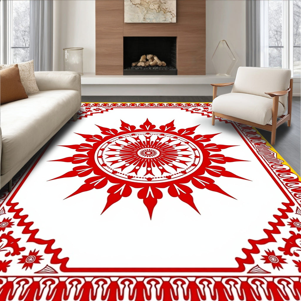 Bold Red Circular Sunburst Border Rug