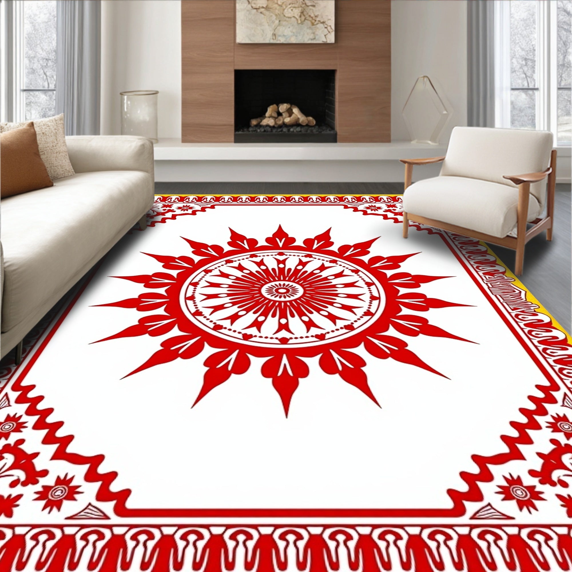 Bold Red Circular Sunburst Border Rug
