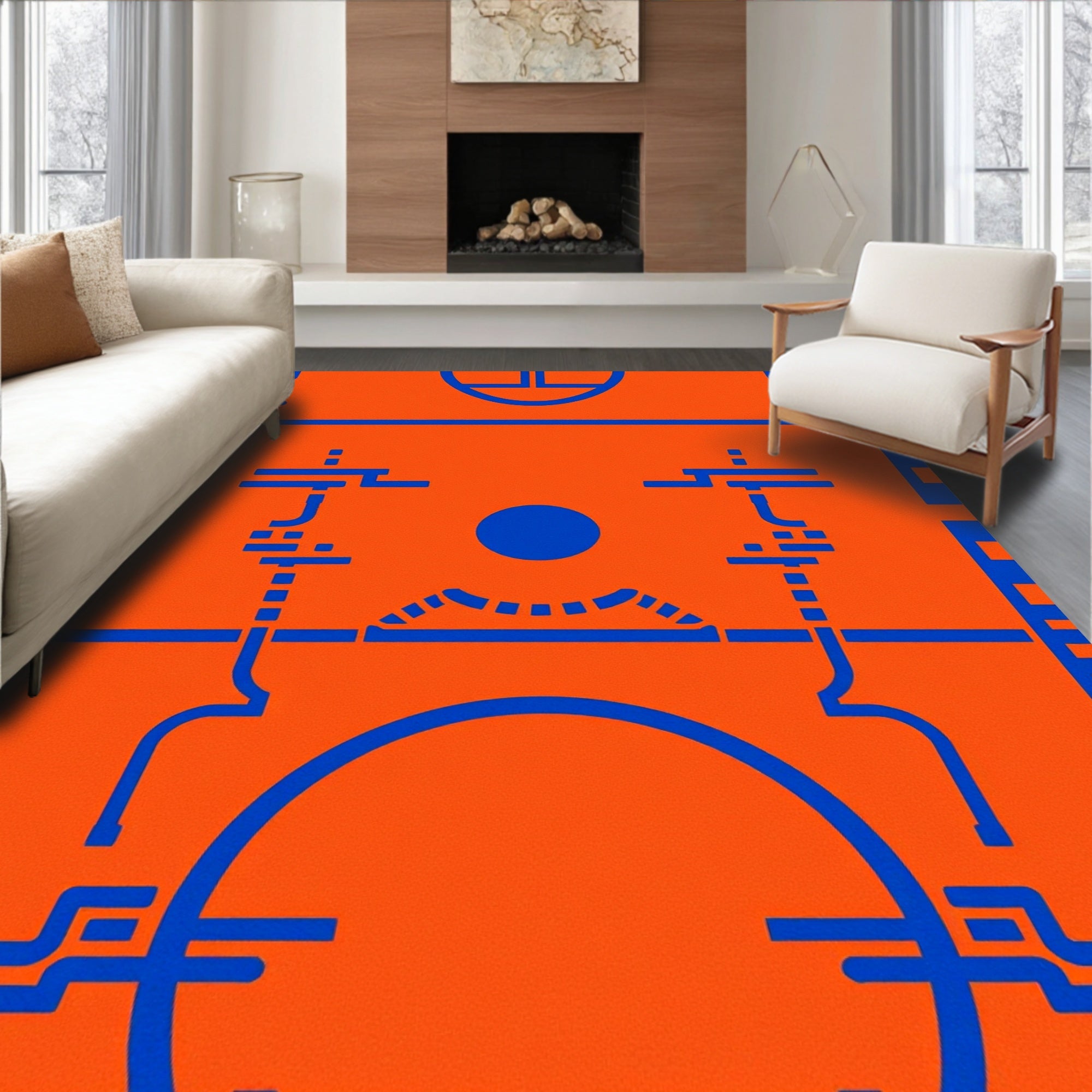 Bold Blue Geometric Circuit Board Rug