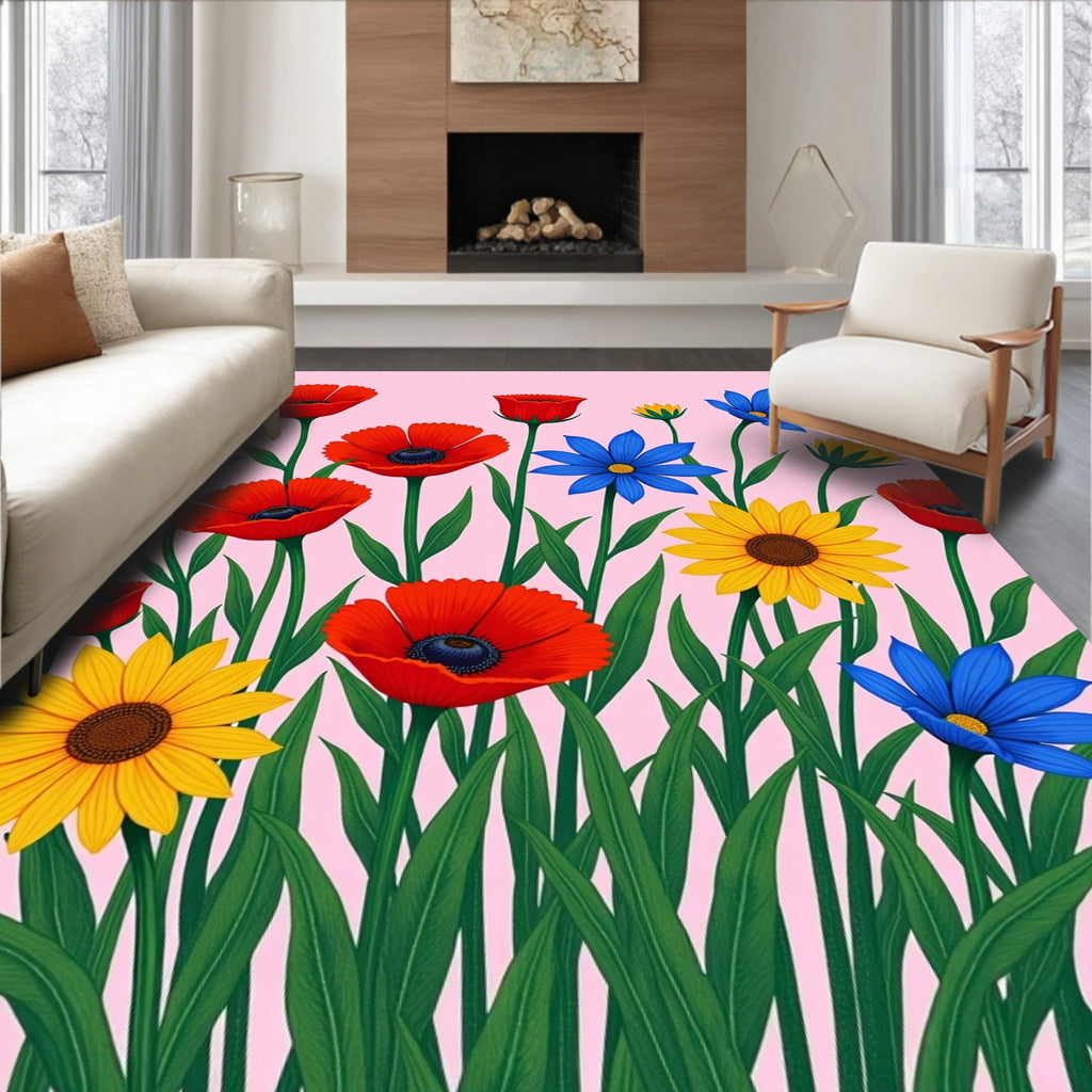 Vibrant Red Poppies Yellow Sunflowers Blue Daisies Rug
