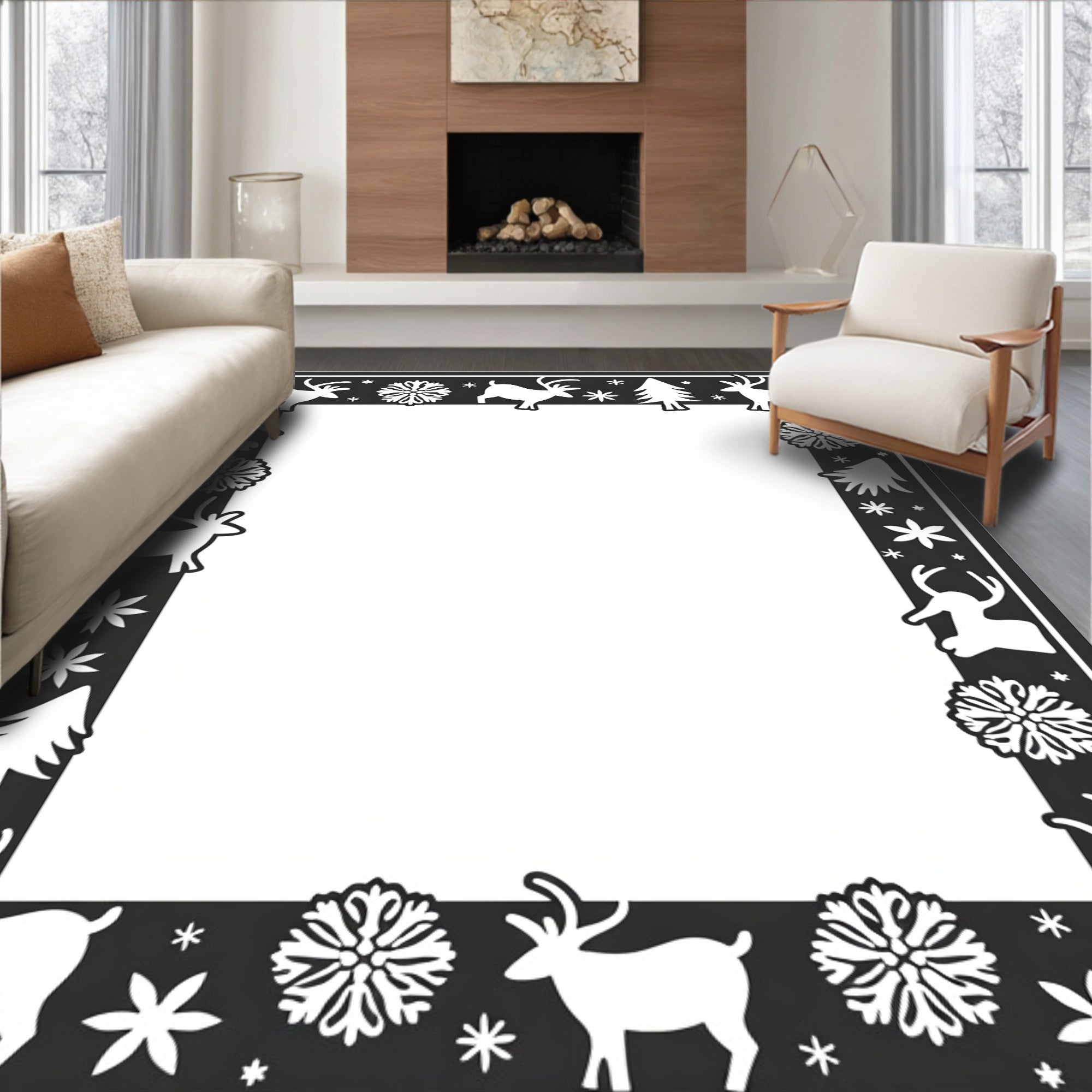 Black Reindeer Snowflake Forest Frame Rug