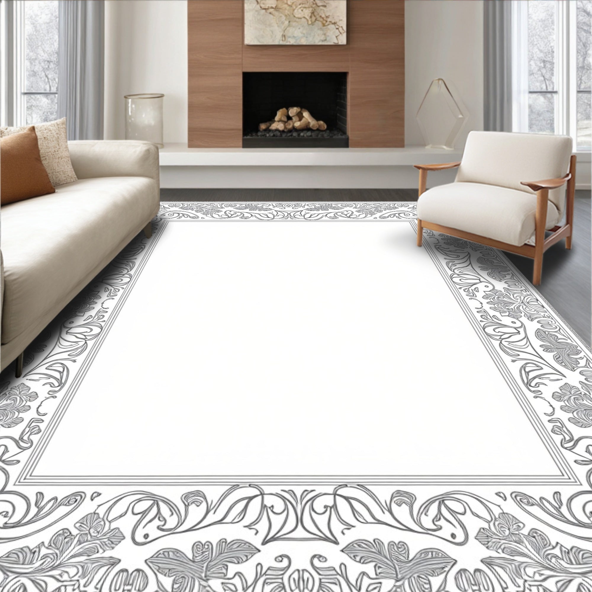 Ornate Leaf and Scroll Border Design Rug