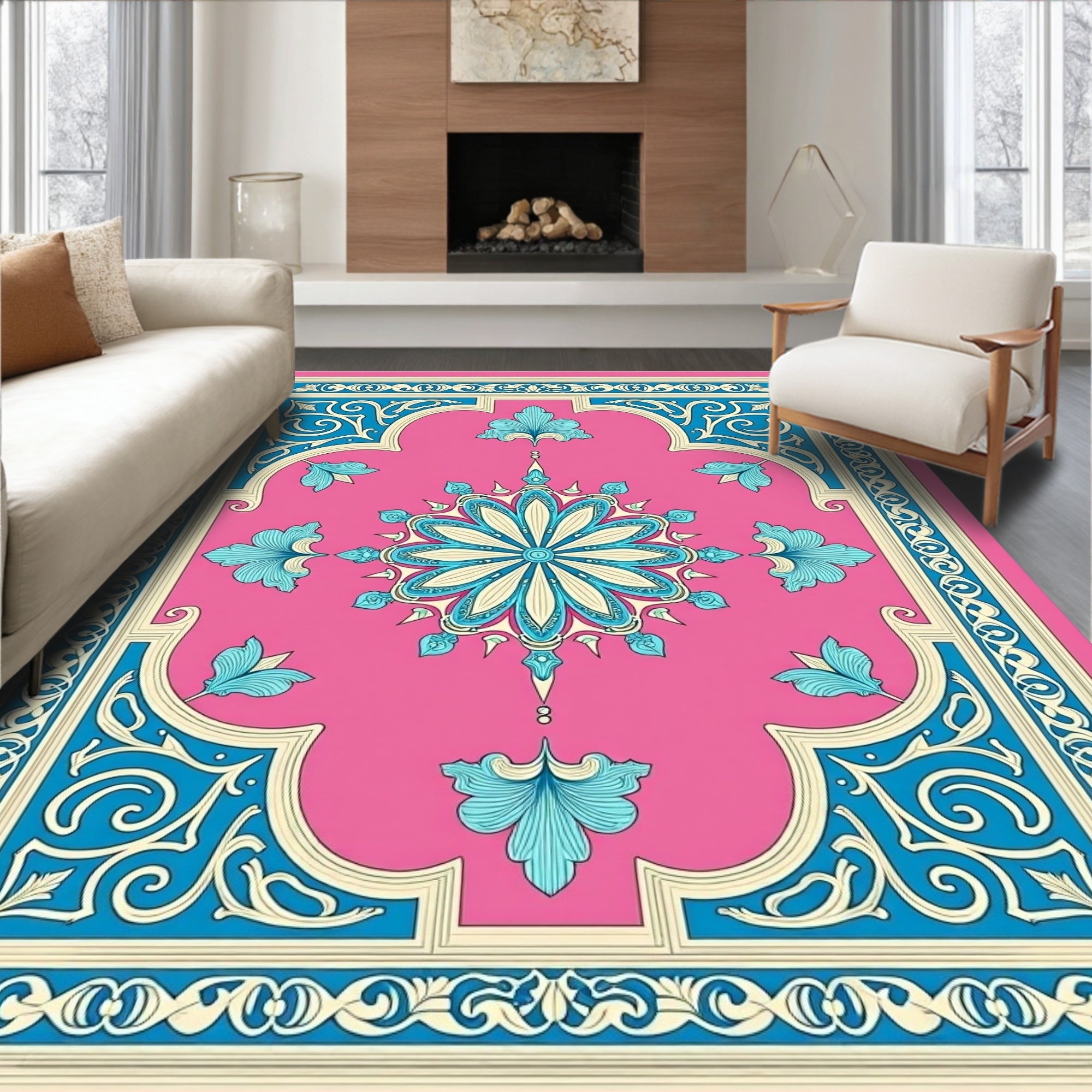 Floral Pink Blue Cream Medallion Rug