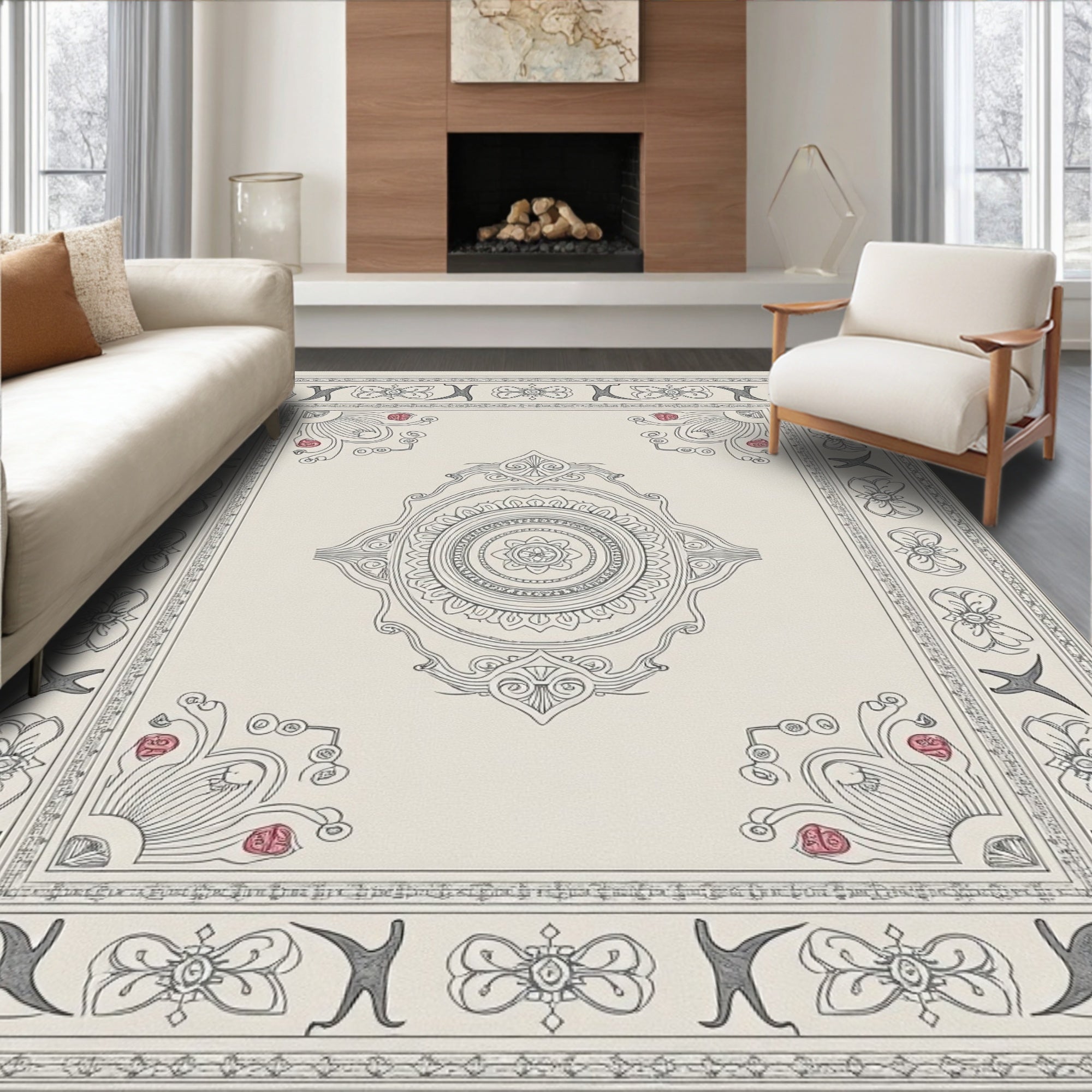 Cream and Gray Floral Medallion Rug