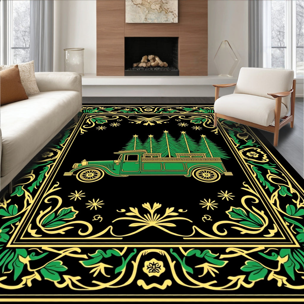Vintage Green Truck Christmas Trees Scrollwork Rug