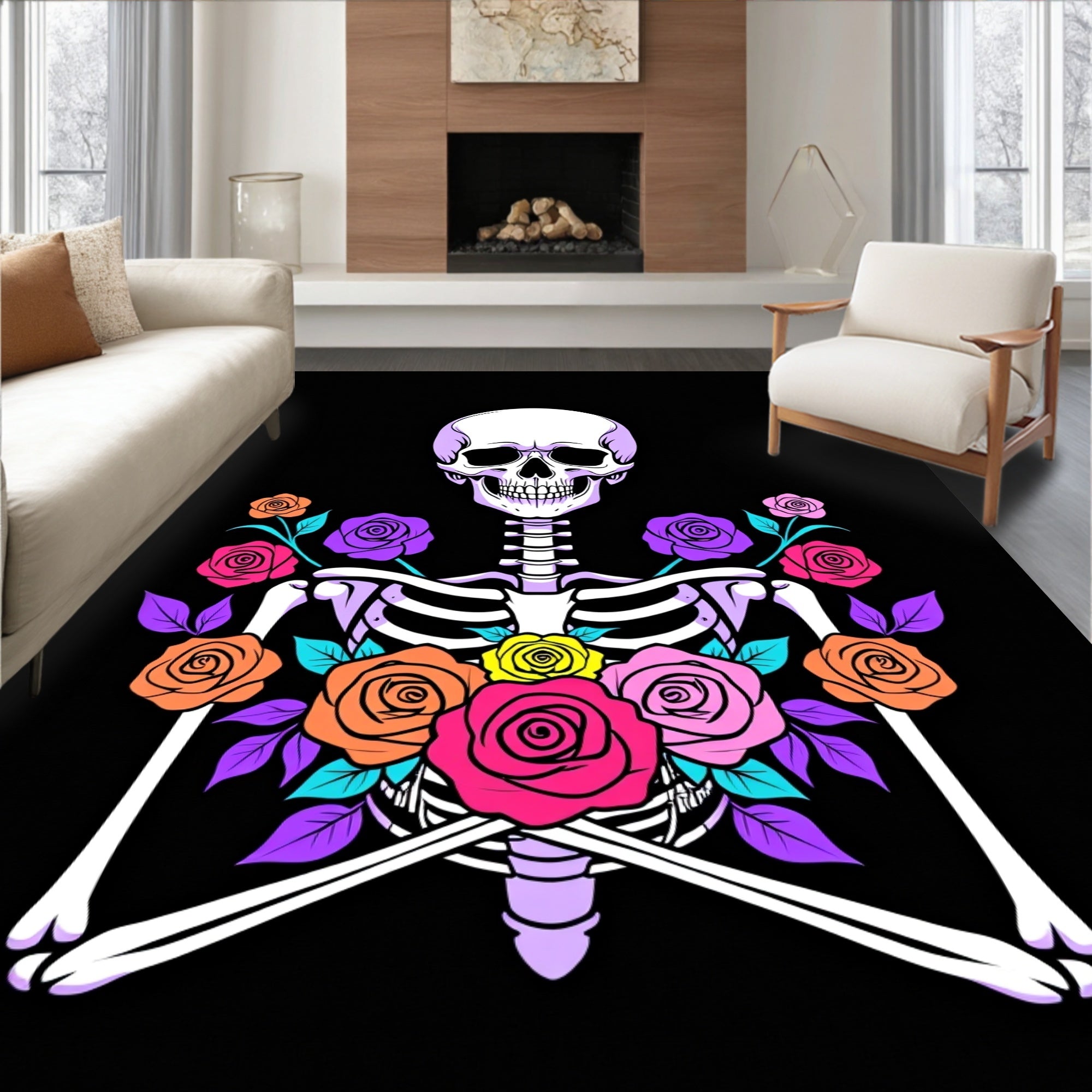 Vibrant Skeleton Multicolor Rose Arrangement Rug