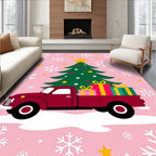 Crimson Truck Christmas Tree Gifts Snowflakes Rug
