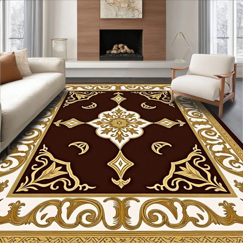 Rich Brown Gold Medallion Filigree Rug