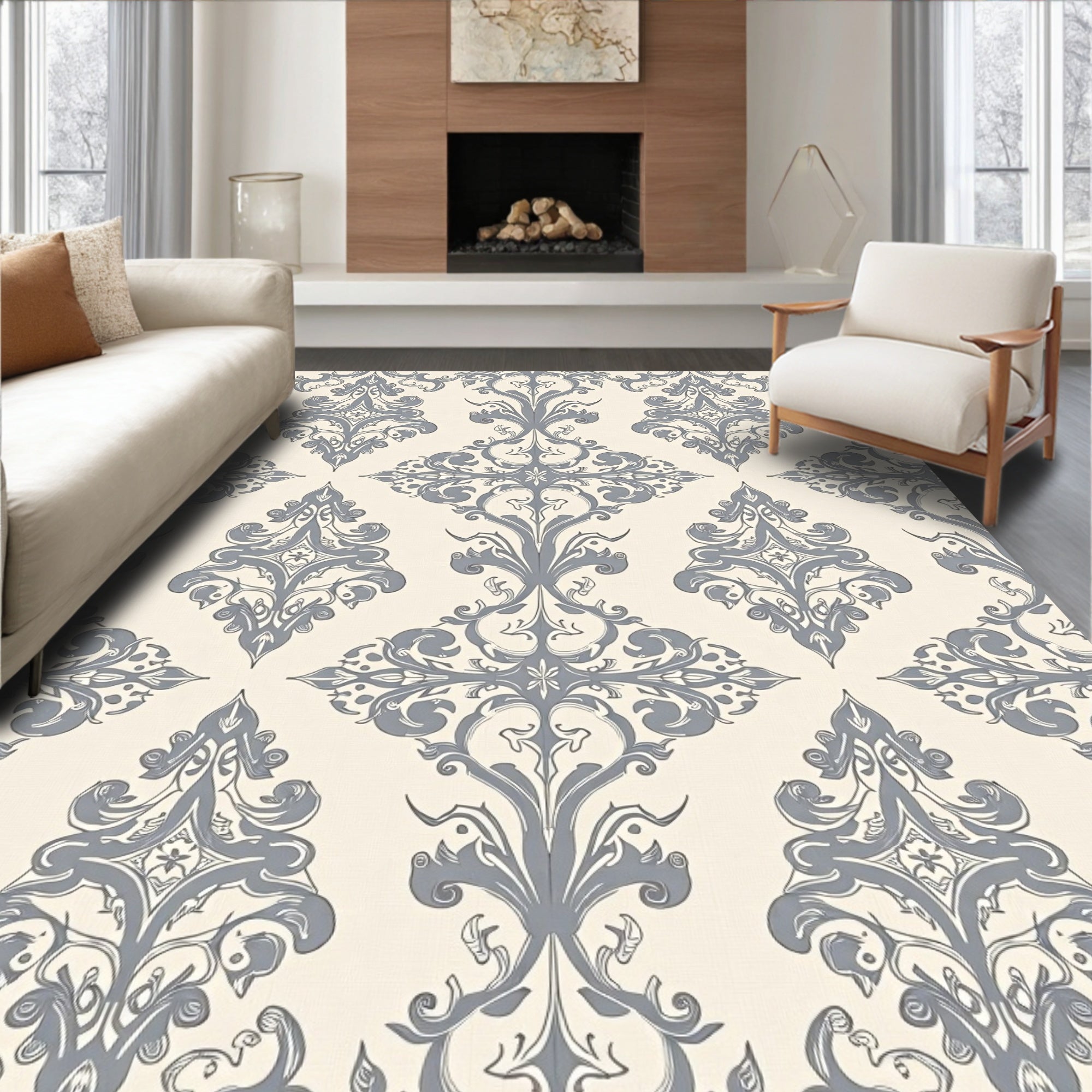 Elegant Gray Floral Damask Rug