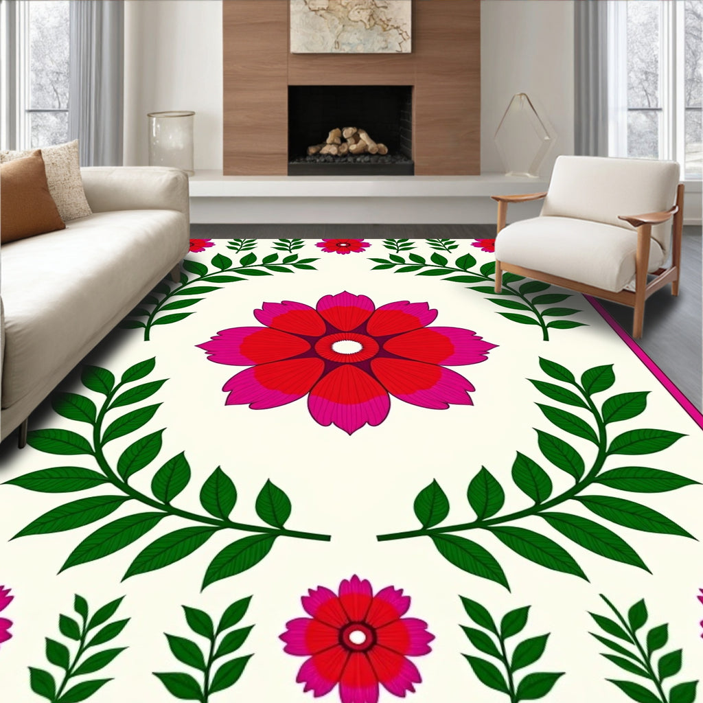 Vibrant Red Pink Floral Leaf Garland Rug