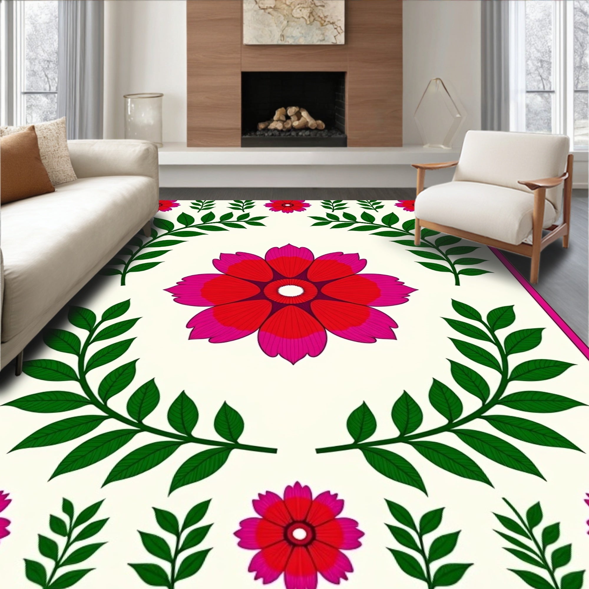 Vibrant Red Pink Floral Leaf Garland Rug