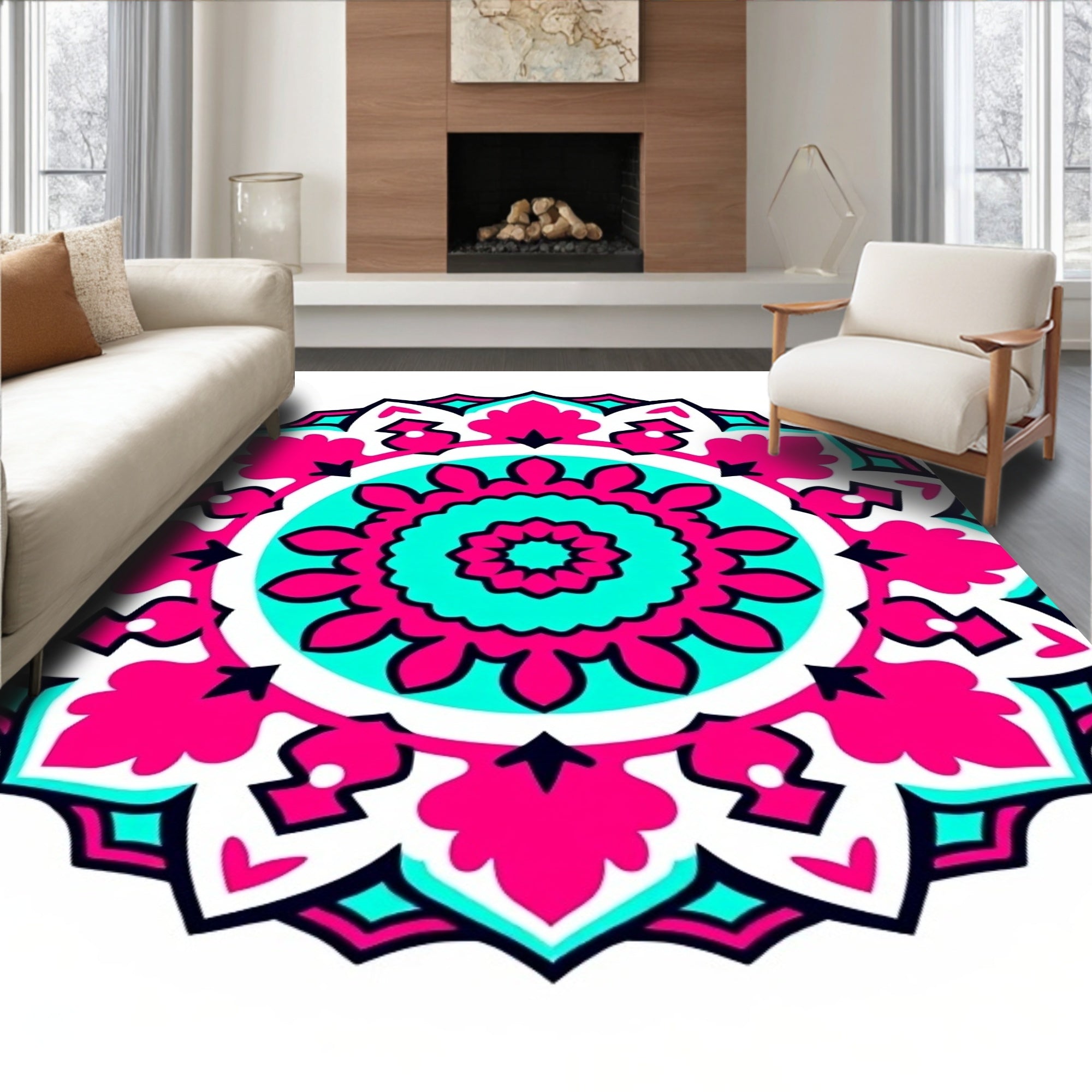 Vibrant Magenta Turquoise Mandala Bloom Rug