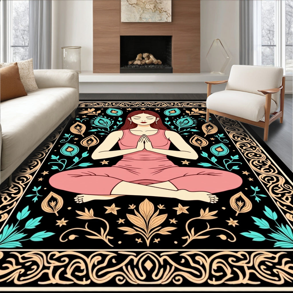 Meditating Woman Teal Leaf Border Rug