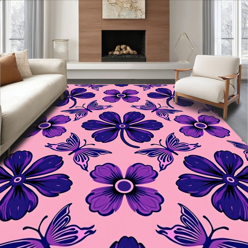 Purple Flowers and Butterflies Garden Rug