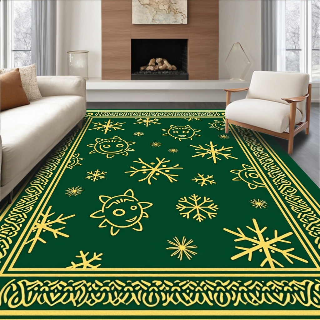Green and Golden Snowflake Star Face Rug