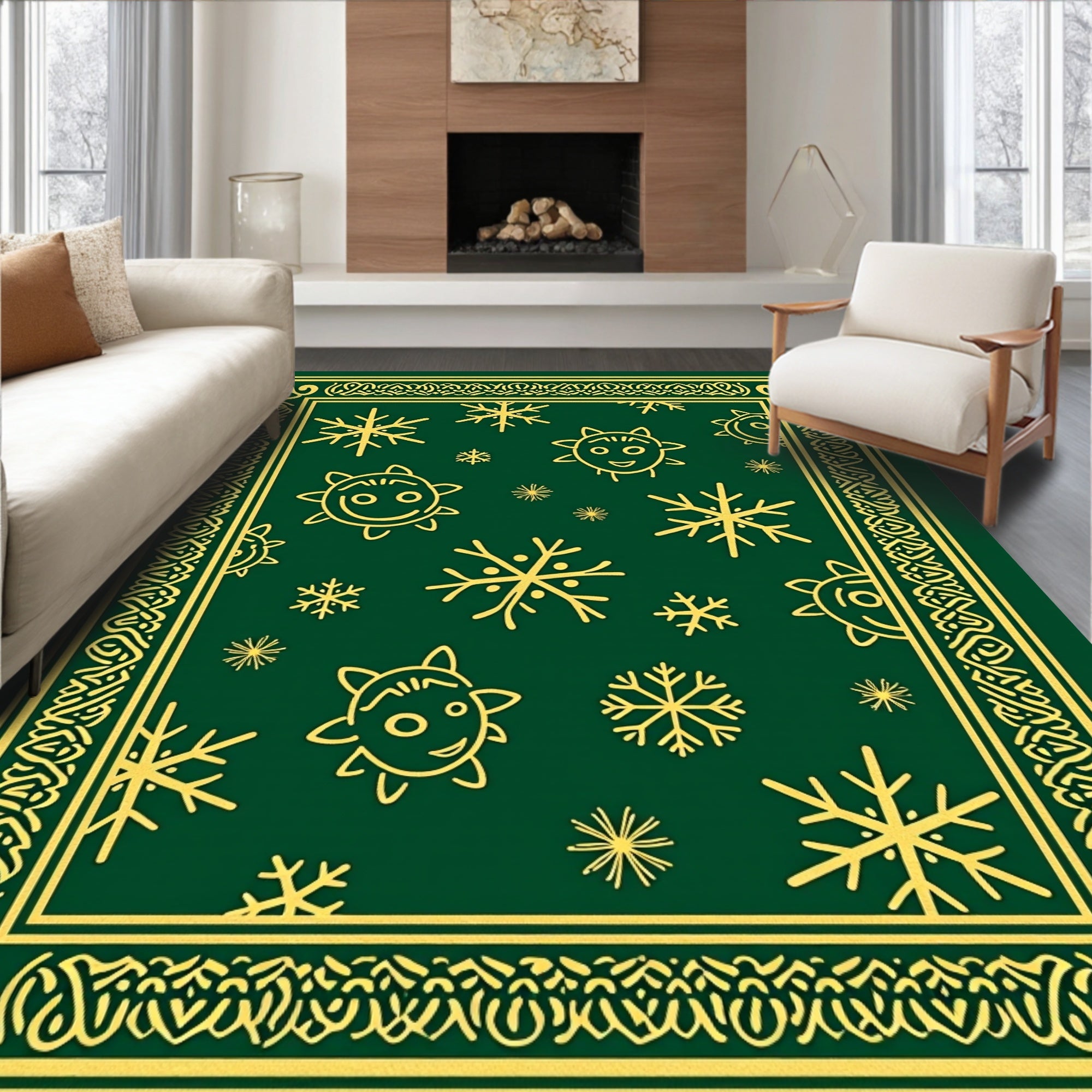 Green and Golden Snowflake Star Face Rug