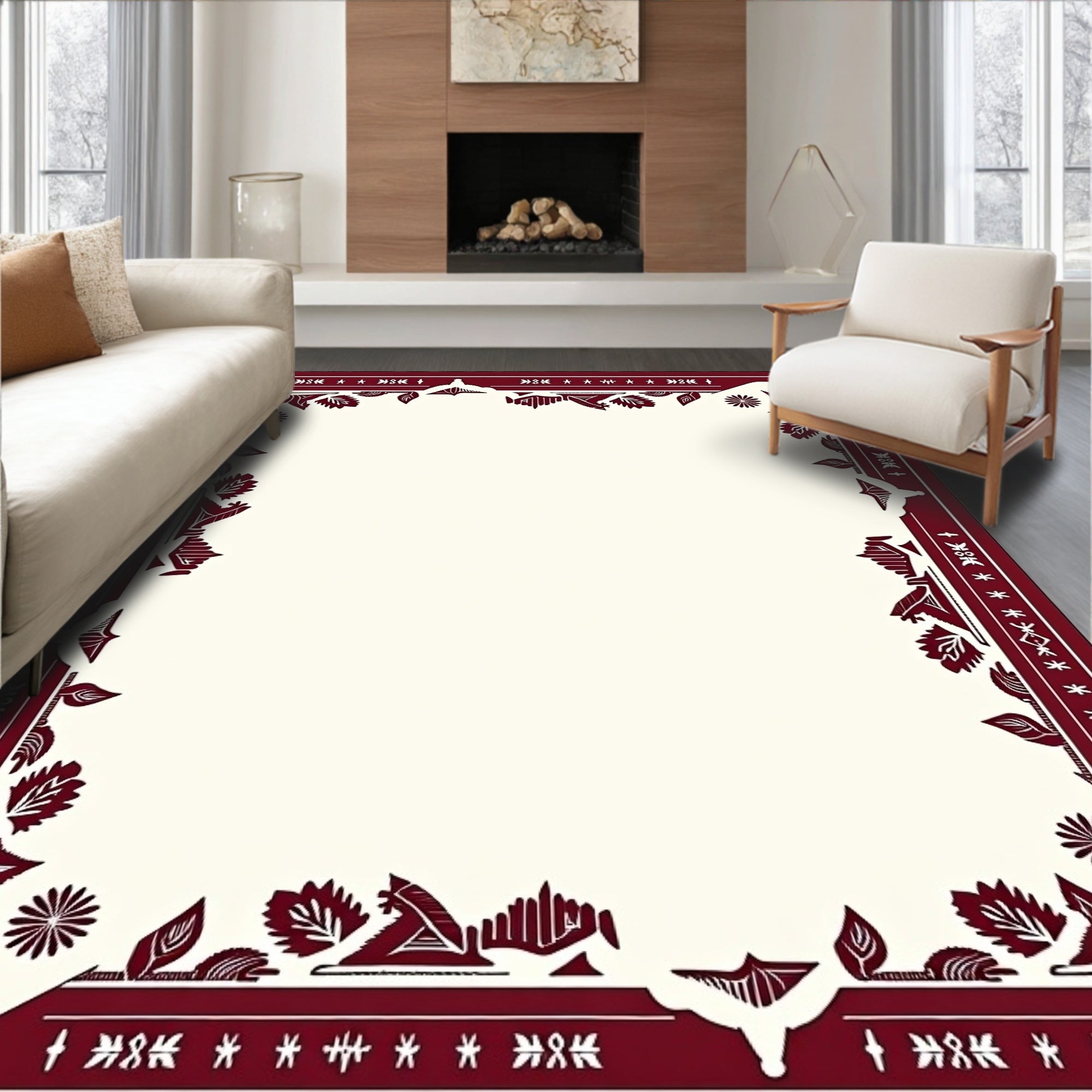 Crimson Floral and Star Border Rug