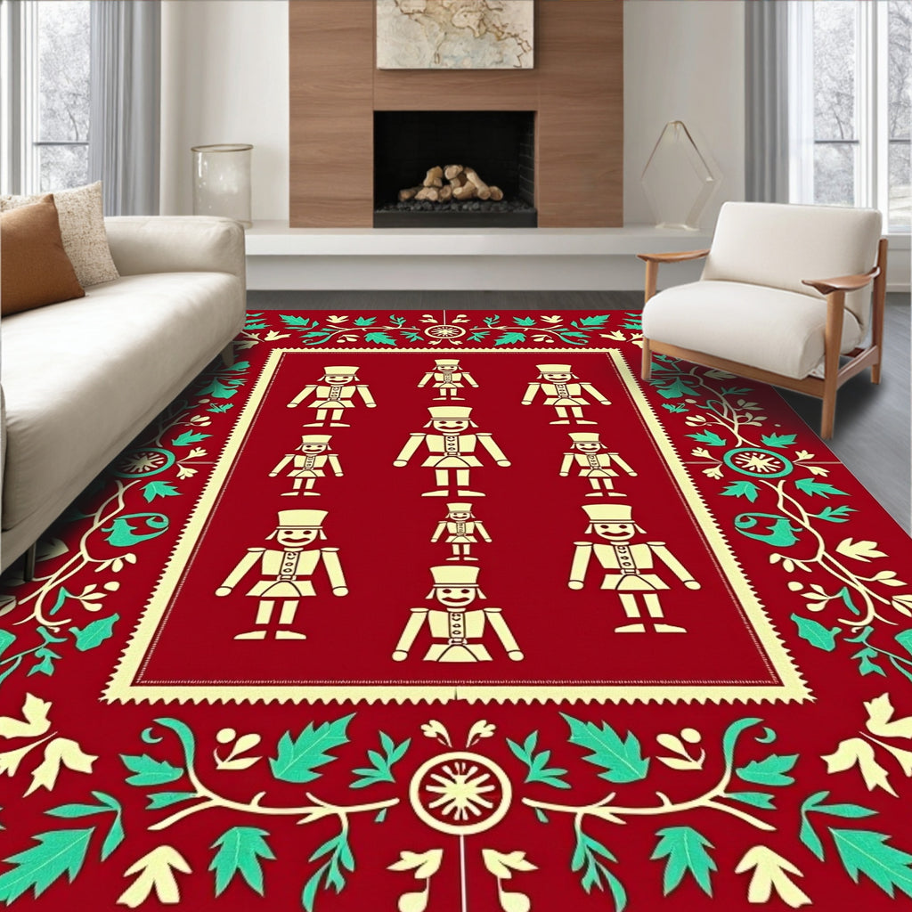 Festive Red Nutcracker Soldiers Border Rug