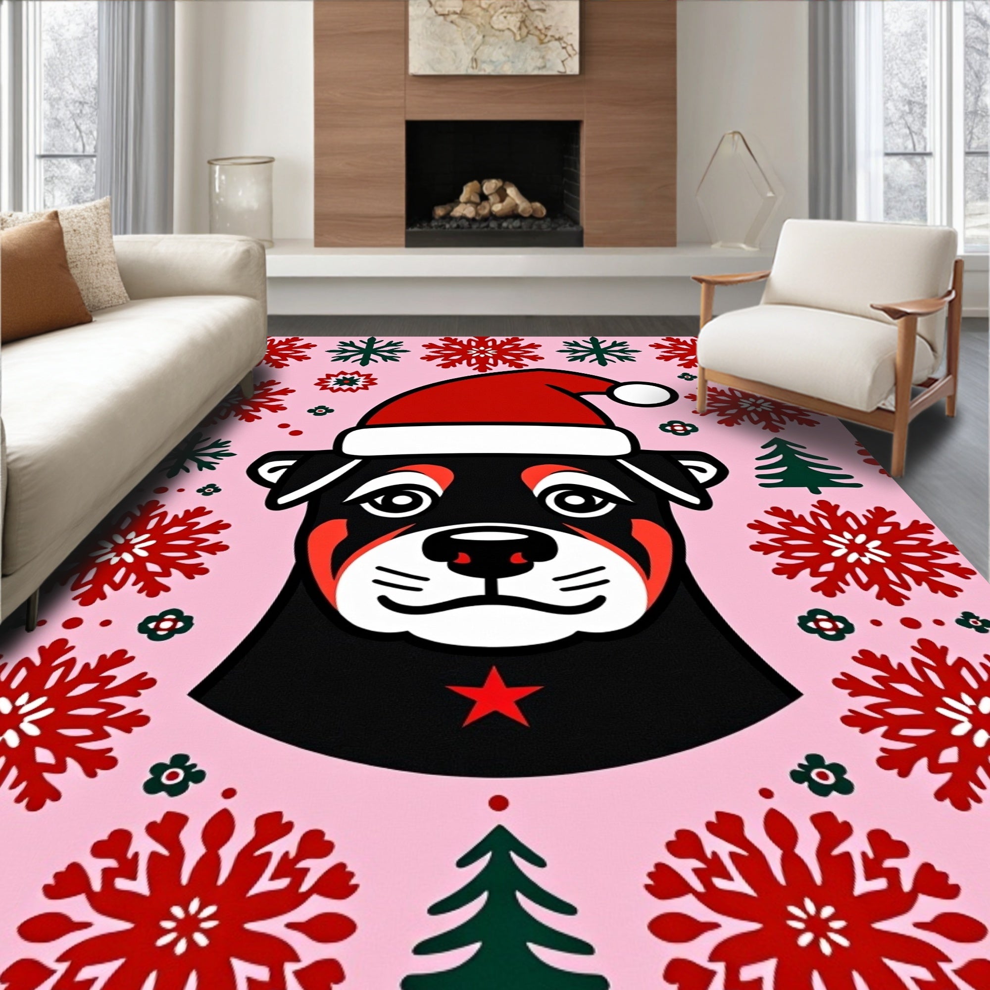 Pink Festive Rottweiler Snowflake Christmas Rug