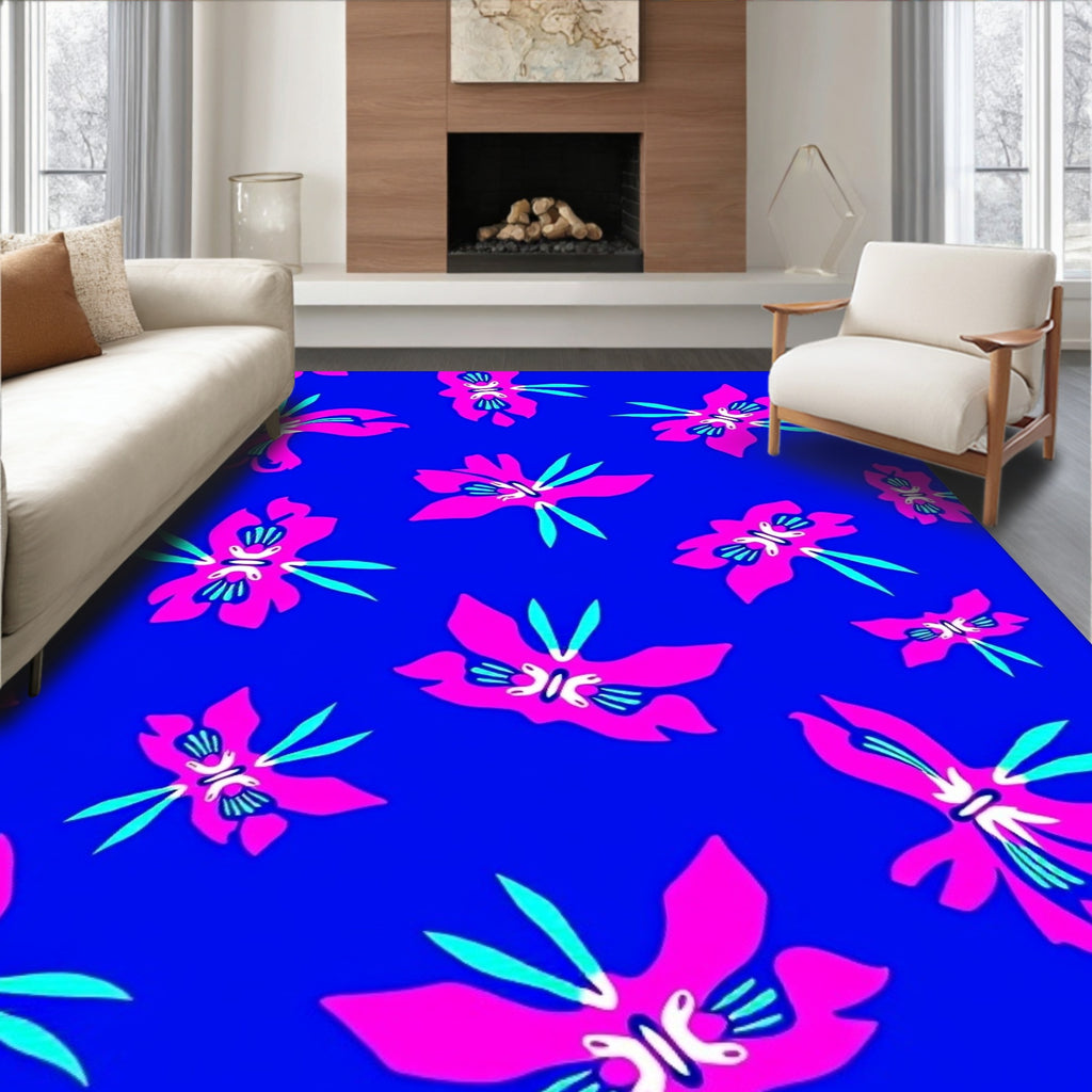 Vivid Pink Orchid Bold Blue Background Rug