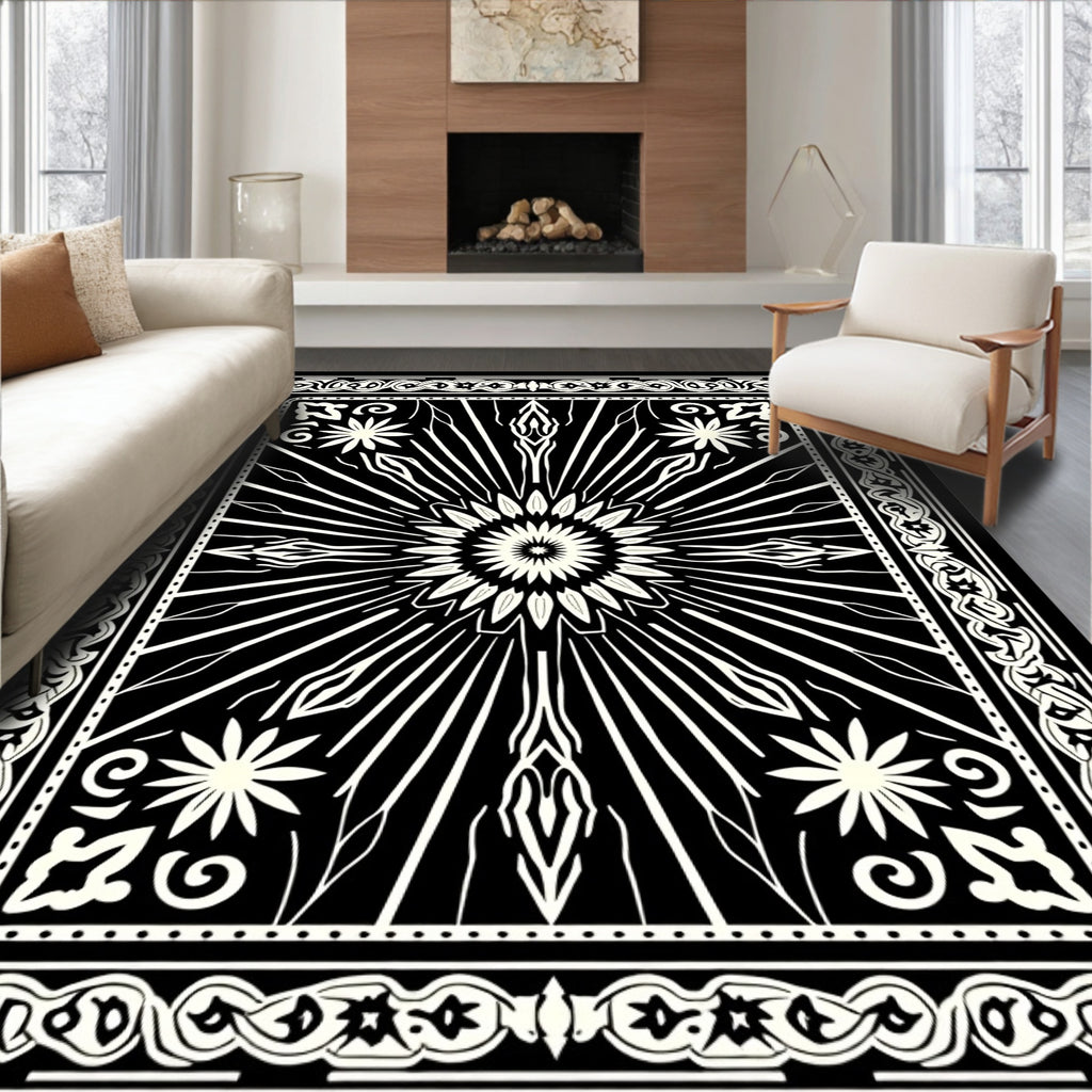 Bold Black White Abstract Starburst Rug