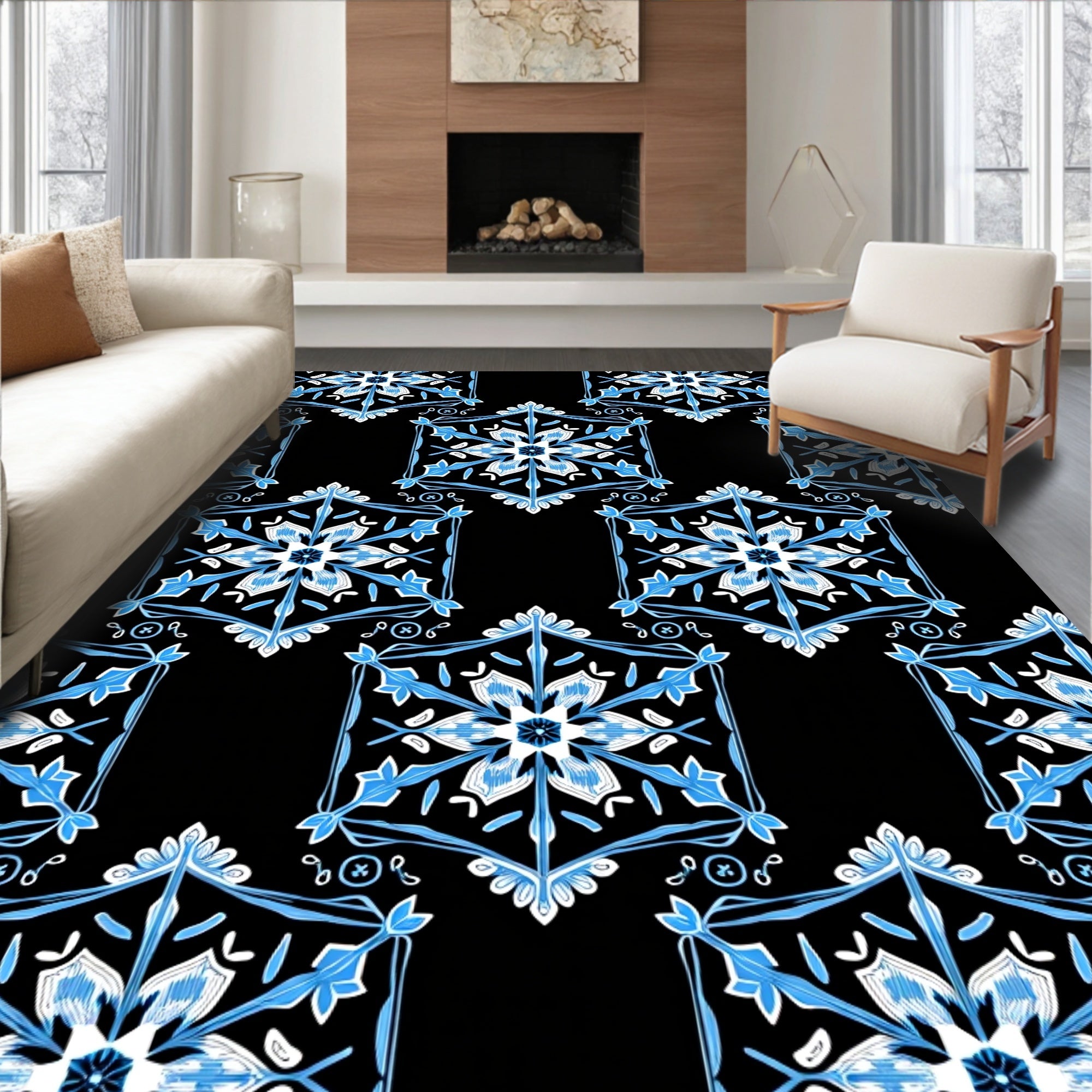 Blue White Geometric Hexagonal Medallion Rug