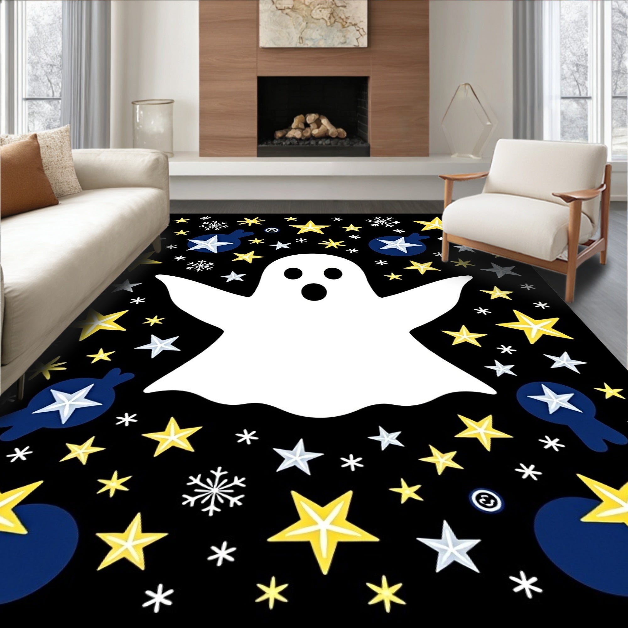 Whimsical Ghost Stars and Snowflakes Rug