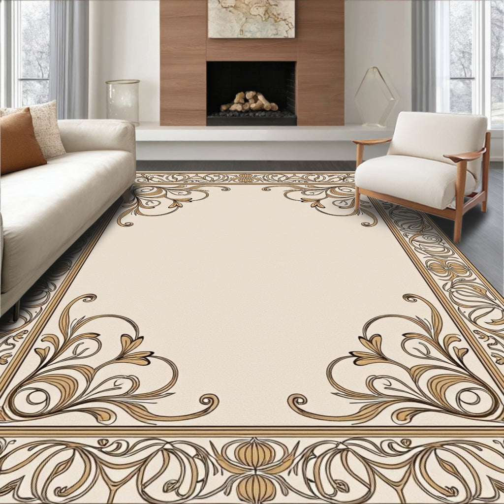 Elegant Cream Gold Floral Scroll Frame Rug