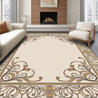 Elegant Cream Gold Floral Scroll Frame Rug